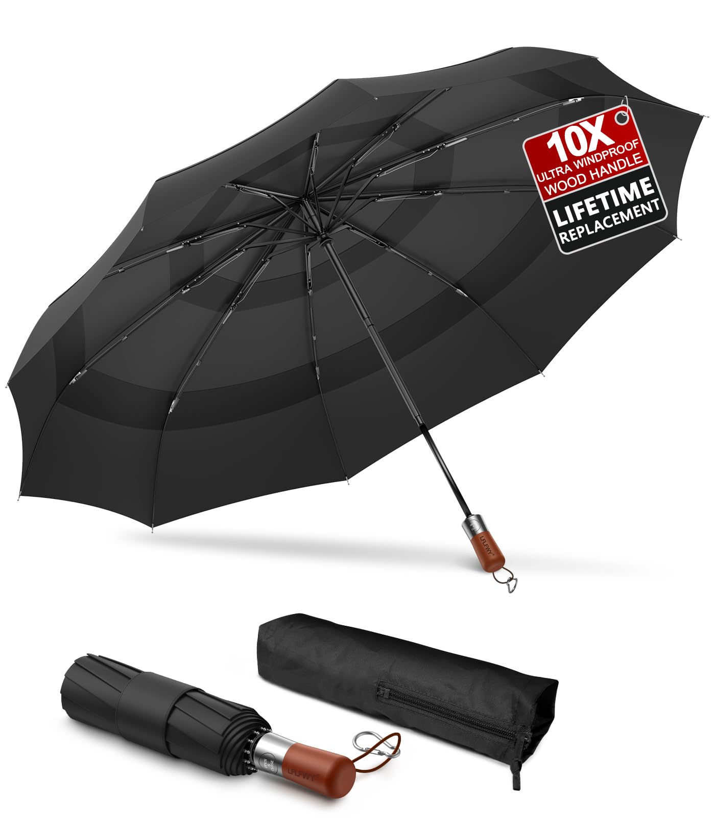 3T Wind Armor Travel Umbrella - Compact Auto Open/Close Folding Umbrella for Rain & Windproof Protection - Durable Real Wood Handle - Portable Design Fits Backpack & Car - Perfect for Commuting, Travel, and Outdoor Activities