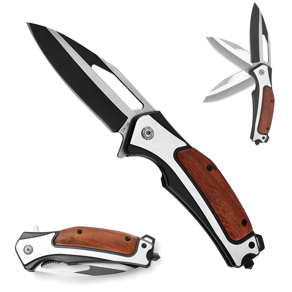 Link Folding Knife with Wood Handle - Compact Pocket Knife for Outdoor Camping, Hunting & Survival - Perfect Gift for Men - Ideal for Hiking, Backpacking & Everyday Carry (EDC)
