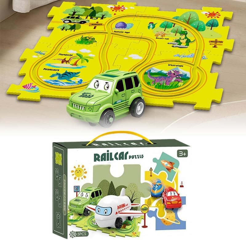 2023 Upgraded DIY Electric Trolley Toy Set - 5PCS Dinosaur-Themed Battery-Operated Puzzle Track with Vehicles & Railcar Building Board - STEM Learning Toys for Kids Ages 3+ - Perfect for Birthday Gifts, Preschool Playtime & Interactive Family Activities