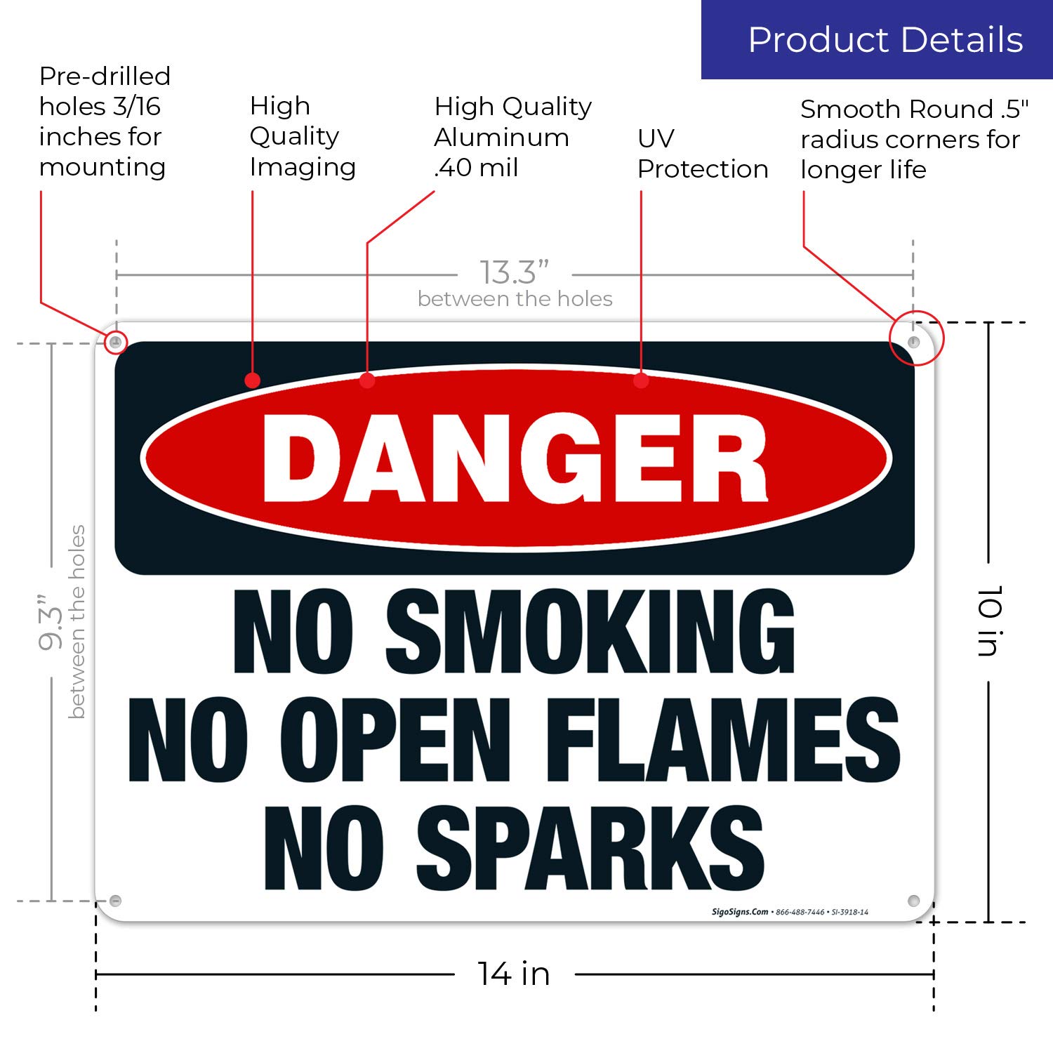 No Smoking No Open Flames No Sparks OSHA Danger Sign - 10x14 Inch Rustproof Aluminum Safety Sign, Fade Resistant for Indoor/Outdoor Use - Made in USA | Perfect for Factories, Warehouses & Hazardous Work Areas