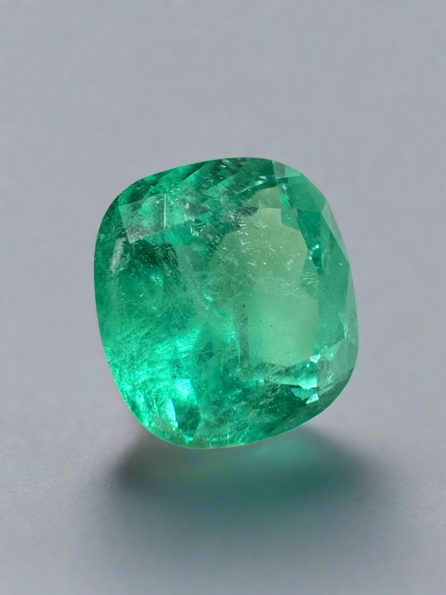 7.28 Carat 12x11.5mm Medium Bluish Green Natural Loose Colombian Emerald Gemstone - Cushion Cut for Jewelry Making, Engagement Rings & Collector's Pieces