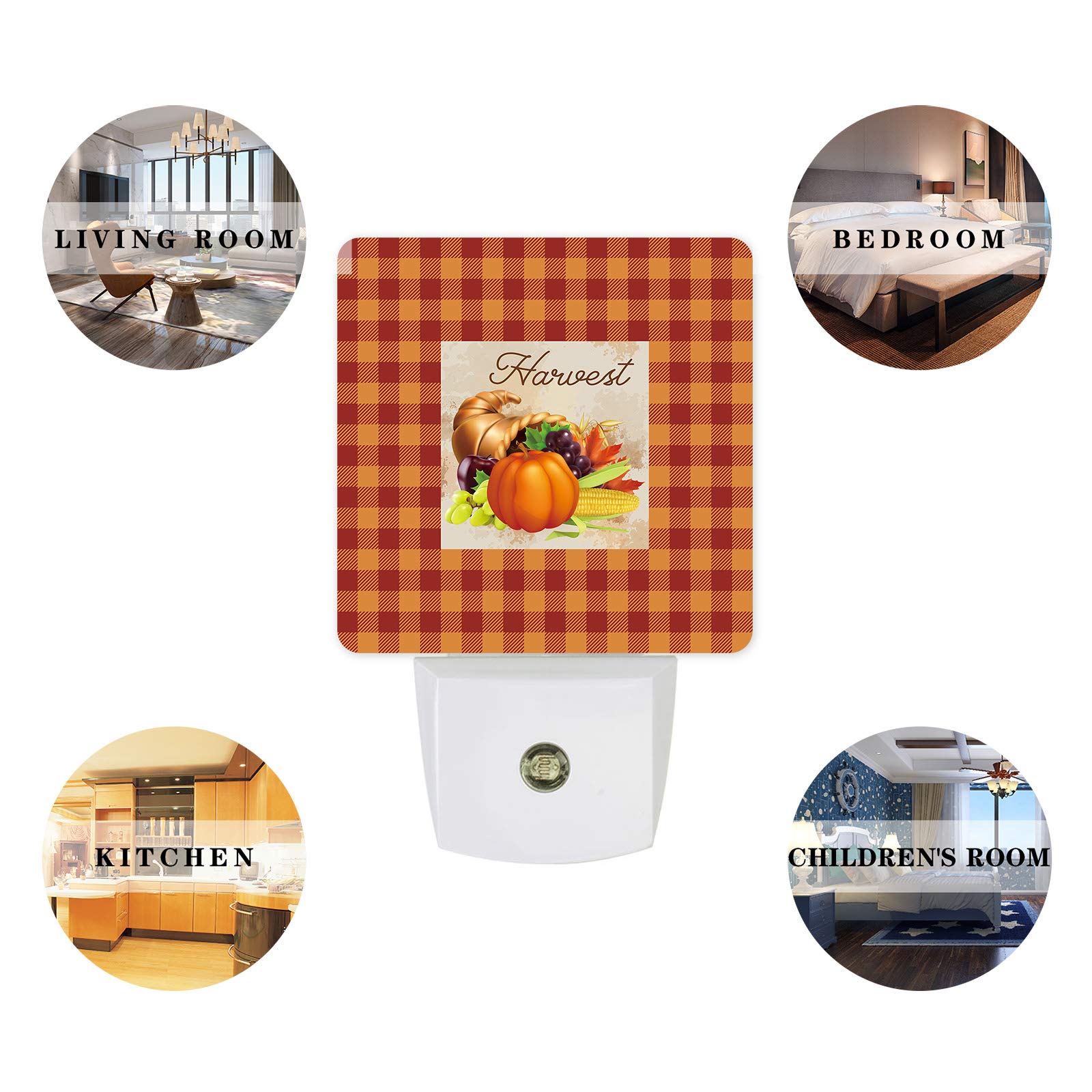Autumn Harvest Orange Plaid LED Night Light for Kids - Plug-in Wall Nightlight with Dusk-to-Dawn Sensor - Perfect for Nursery, Bedroom, Bathroom, Hallway & Stairs - Soothing Baby Night Light for Safe Home Decor
