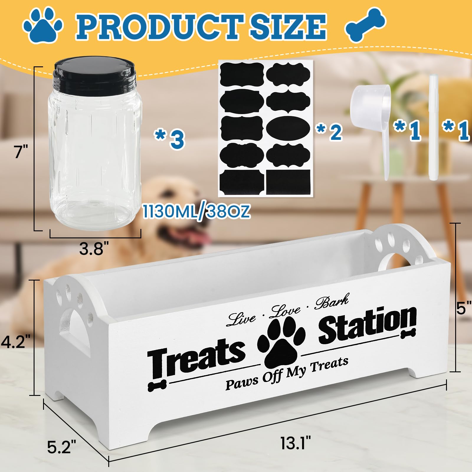 Farmhouse Style Dog & Cat Food Storage Container with 3 Plastic Jars - Airtight Pet Treat Organizer for Dog Treats, Cat Food & Kibble Storage - Perfect for Kitchen Counter, Pantry or Pet Feeding Station