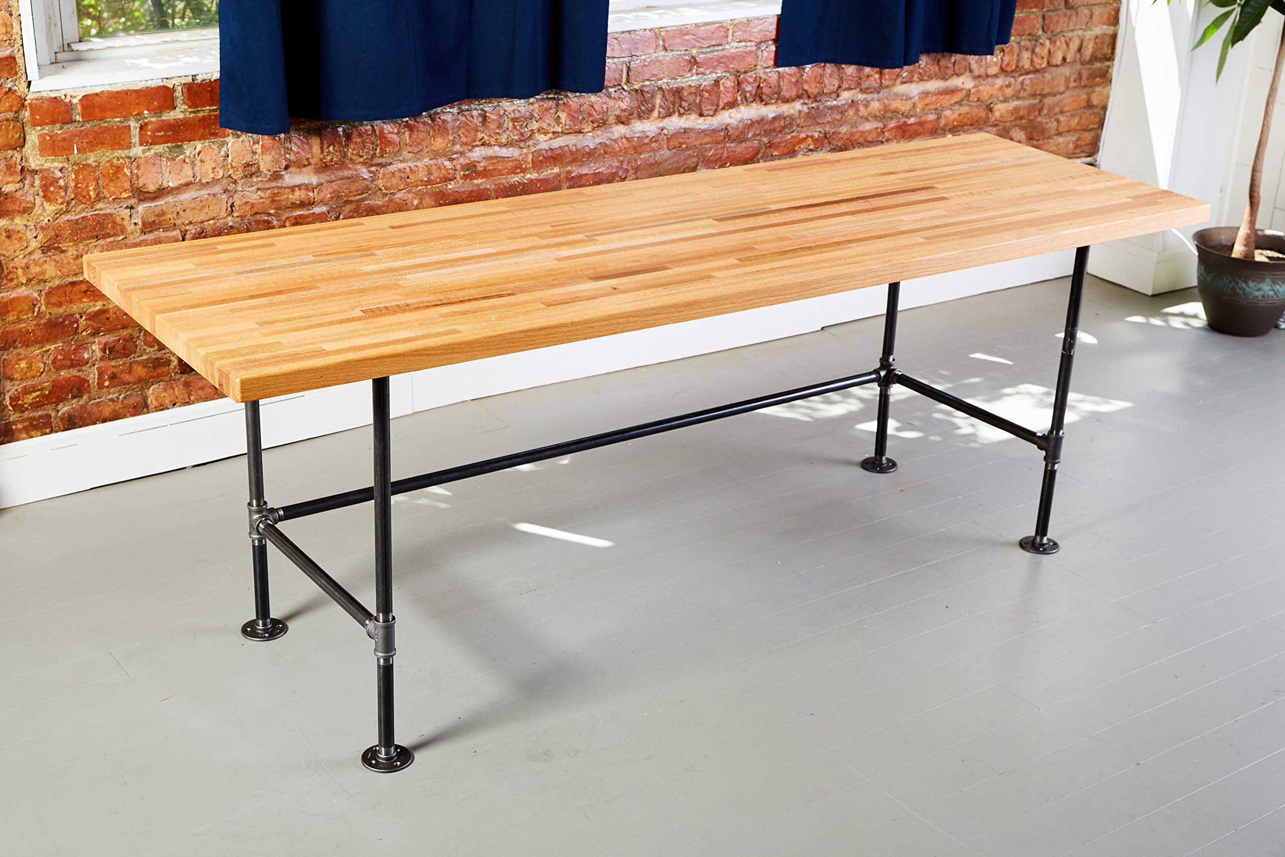 Industrial Black Pipe Desk with Solid Wood Butcher Block Top - Modern Home Office & Study Writing Table for Small Spaces