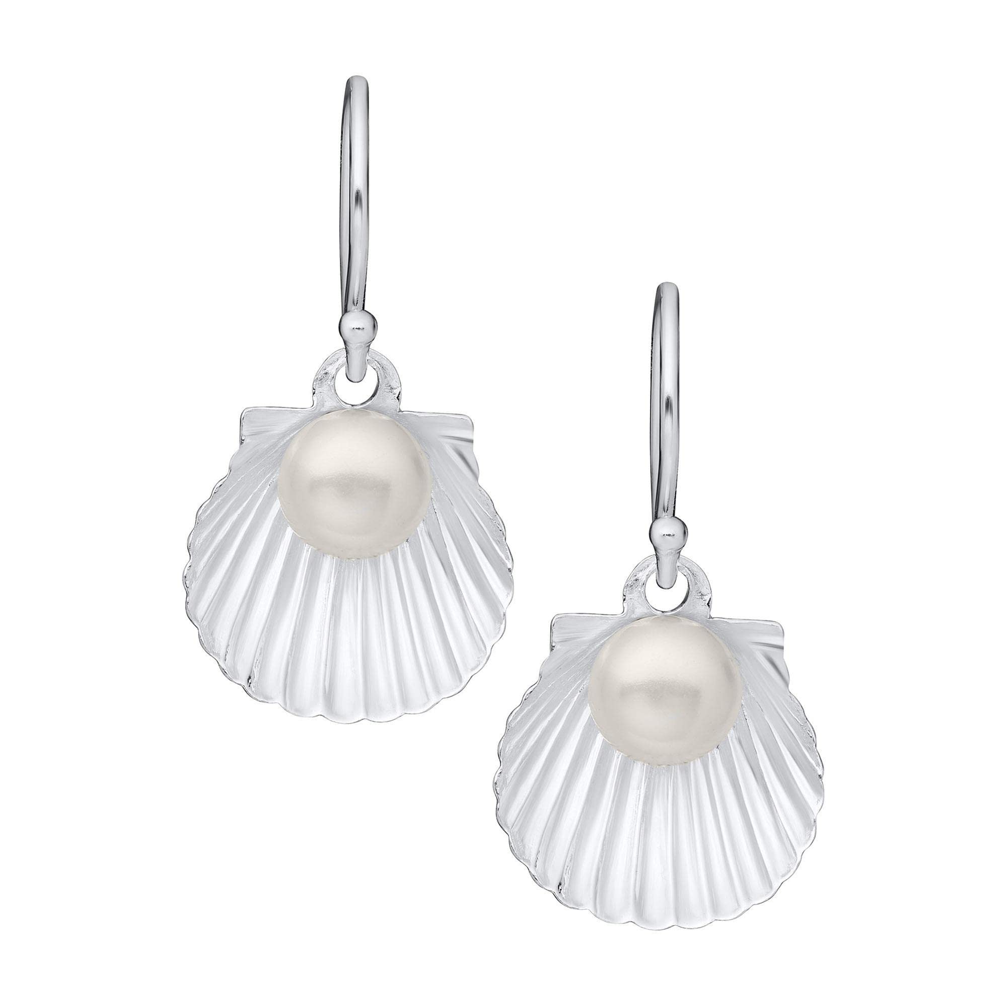 Elegant Pearl Scalloped Sea Shell Sterling Silver Drop Earrings for Women - Perfect for Weddings, Beach Parties & Special Occasions
