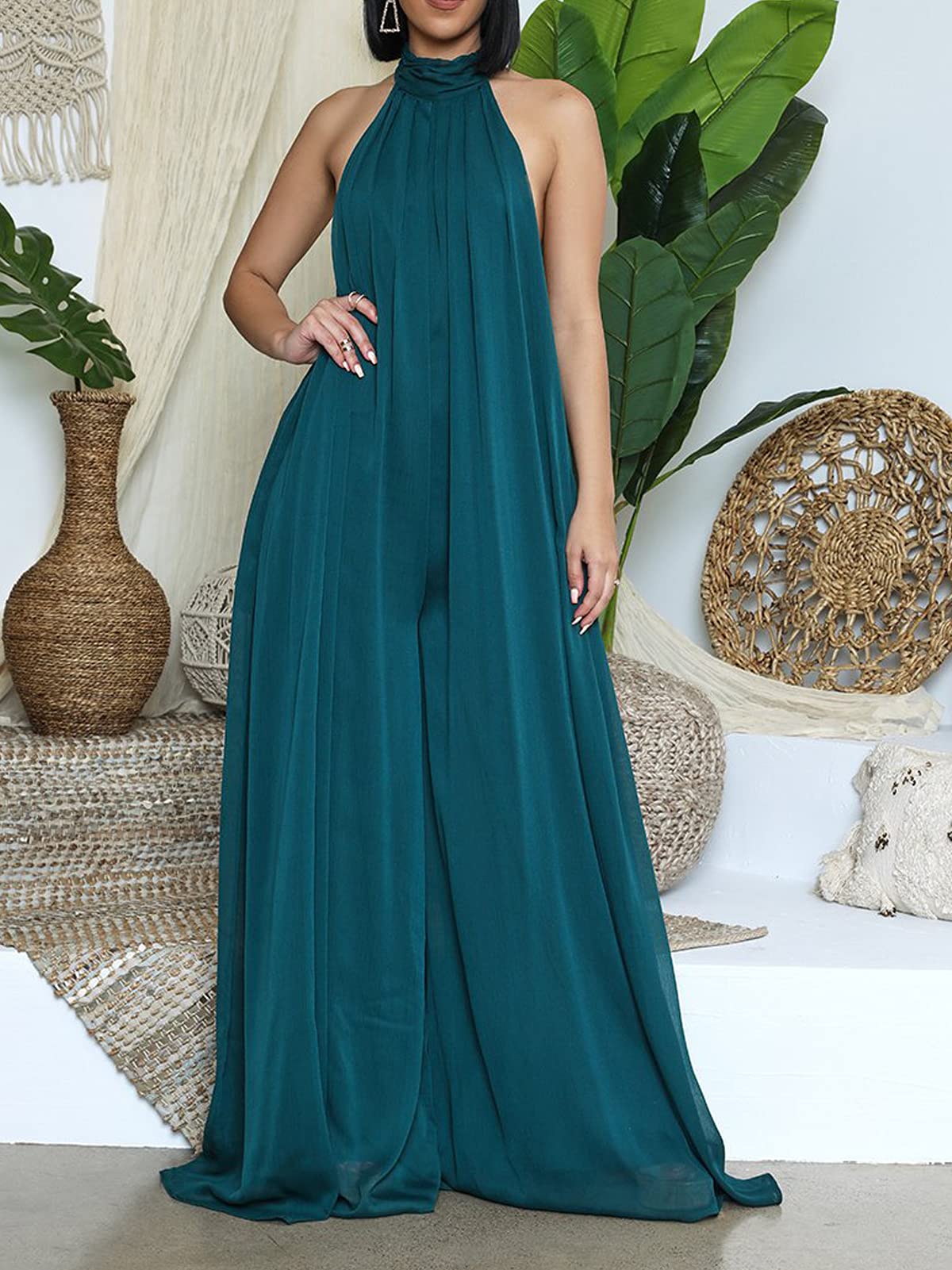Ekaliy Women's Sexy Summer Jumpsuit - Halter Neck Sleeveless Chiffon Wide Leg Romper One Piece Outfit for Beach, Party & Vacation