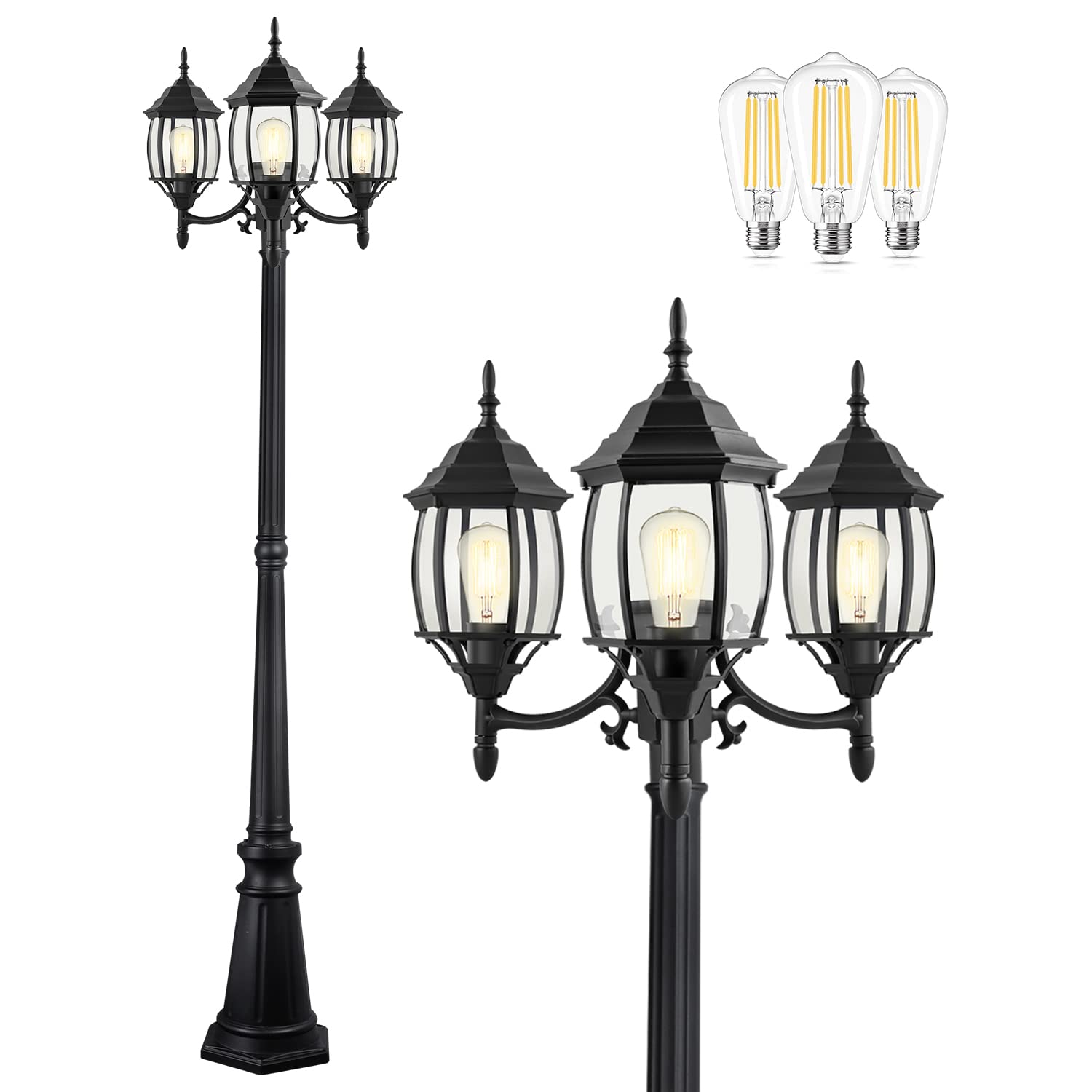 PARTPHONER 3-Head Outdoor Lamp Post Light - Classic Black with Clear Glass Panels, E26 Base (100W Max) - Includes 3 LED Bulbs - Waterproof Street Light for Backyard, Garden, Driveway - Perfect for Pathway Lighting, Porch Illumination & Landscape Accent
