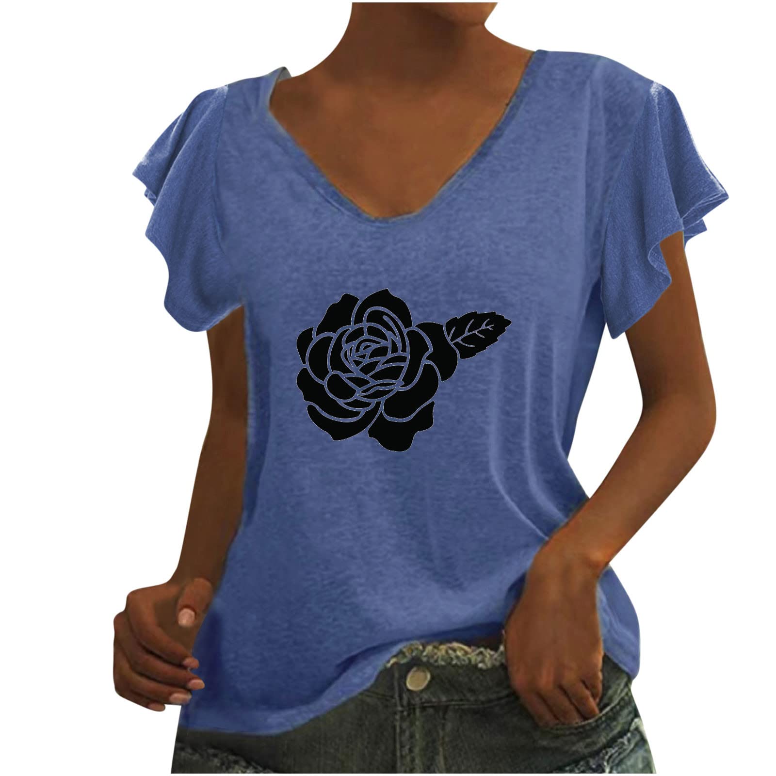 Women's Summer Ruffle Short Sleeve Printed Tunic Tops - Loose Fit Casual Flowy Pullover Blouses for Beach, Vacation & Everyday Wear