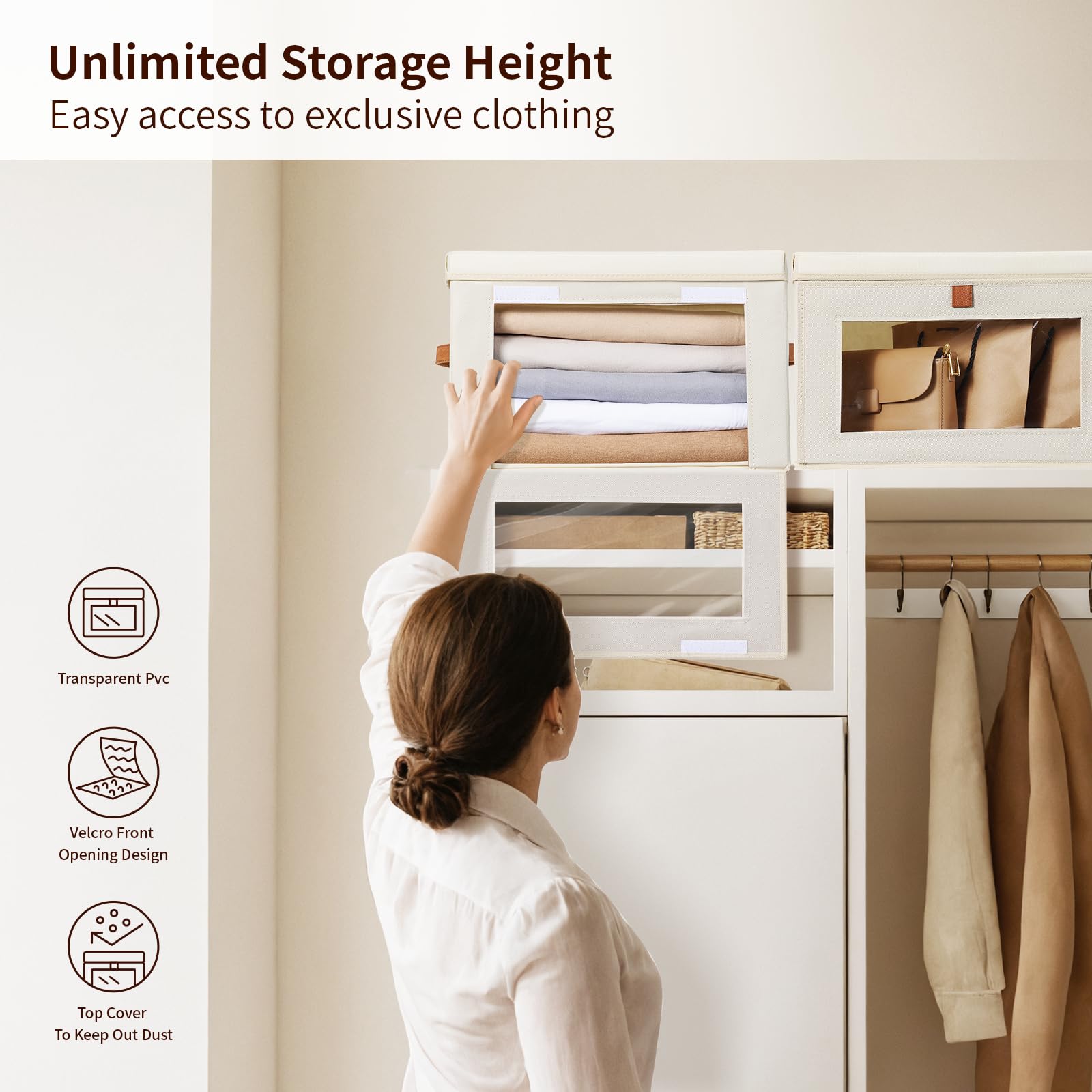 Large Collapsible Storage Bins with Handles & Window - 2 Pack Beige Fabric Organizers for Closet, Dorm & Living Room