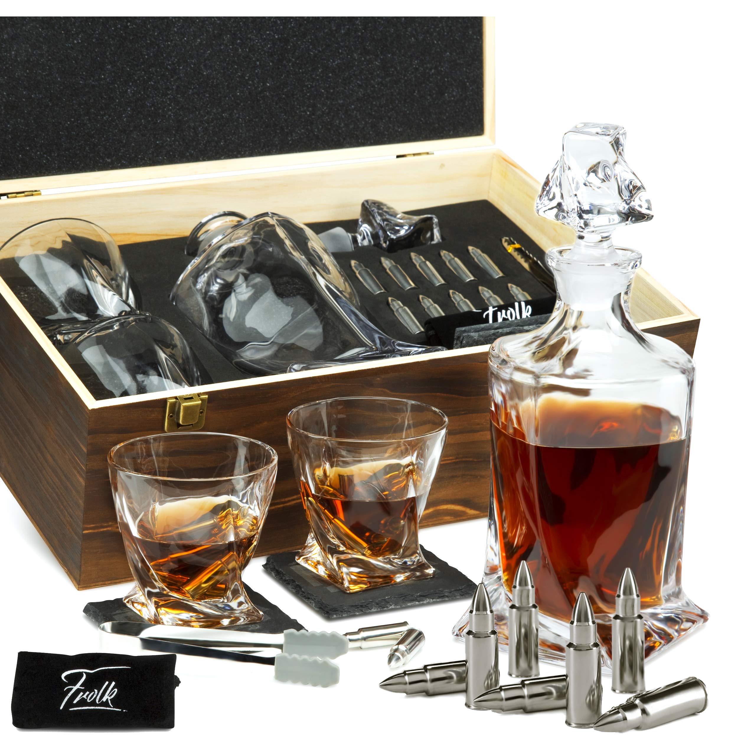 Premium Whiskey Decanter Set with 2 Glasses & 10 Stainless Steel Ice Stones - Elegant Wooden Gift Box for Men, Includes 2 Slate Coasters, Tongs & Freezer Pouch - Perfect for Home Bars, Whiskey Tasting & Gifts for Whiskey Lovers