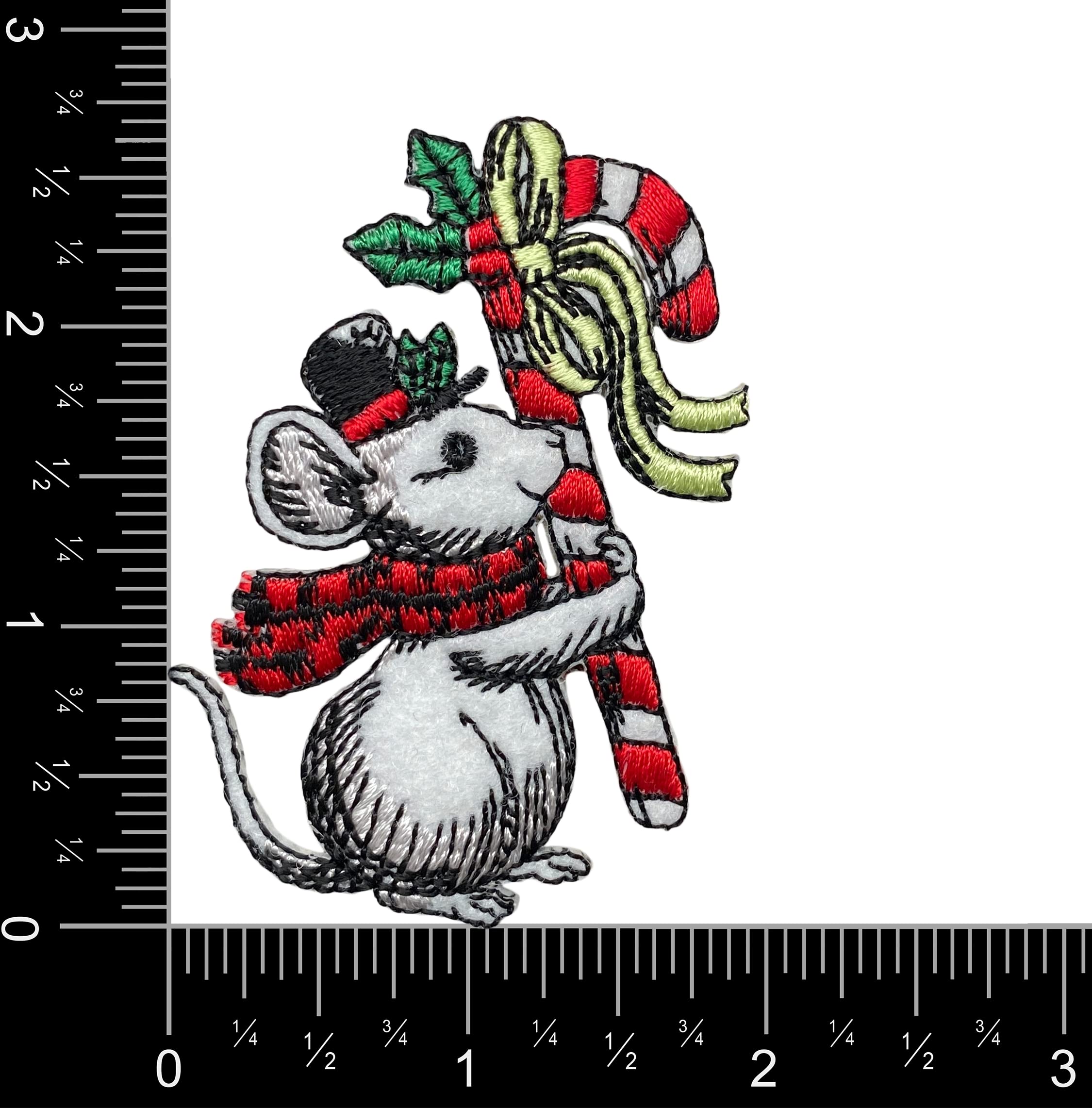 Festive Christmas Mouse with Candy Cane & Top Hat - Embroidered Iron-On Patch for DIY Holiday Decor, Costumes & Gifts - Perfect for Jackets, Bags & Stockings