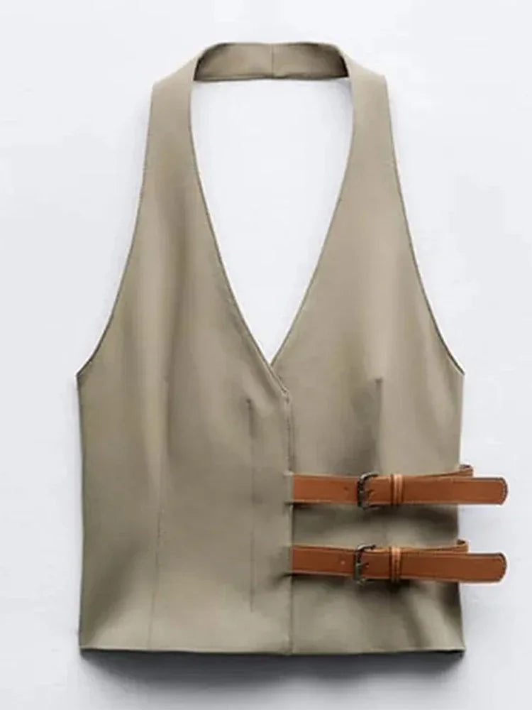 Stylish Women's Leather Belt V-Neck Halter Vest - Elegant Sleeveless Backless Tank Top for Women | Y2K Fashion Trend | Perfect for Spring Summer Outfits, Parties & Casual Wear
