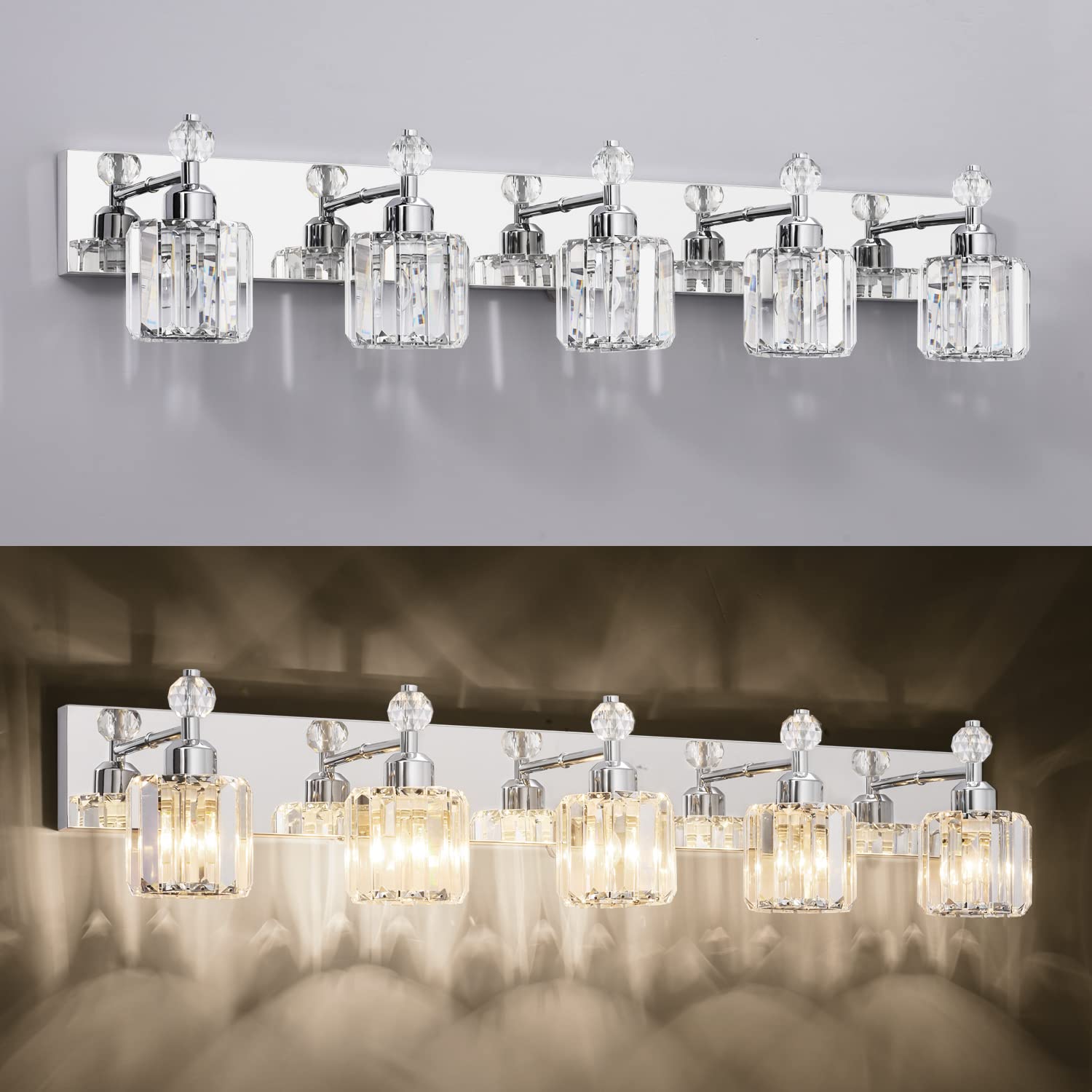 Modern Crystal Vanity Light for Bathroom - Chrome 5-Light Wall Fixture with Adjustable Arms - Perfect for Bathroom Mirror Lighting, Dressing Room & Makeup Area