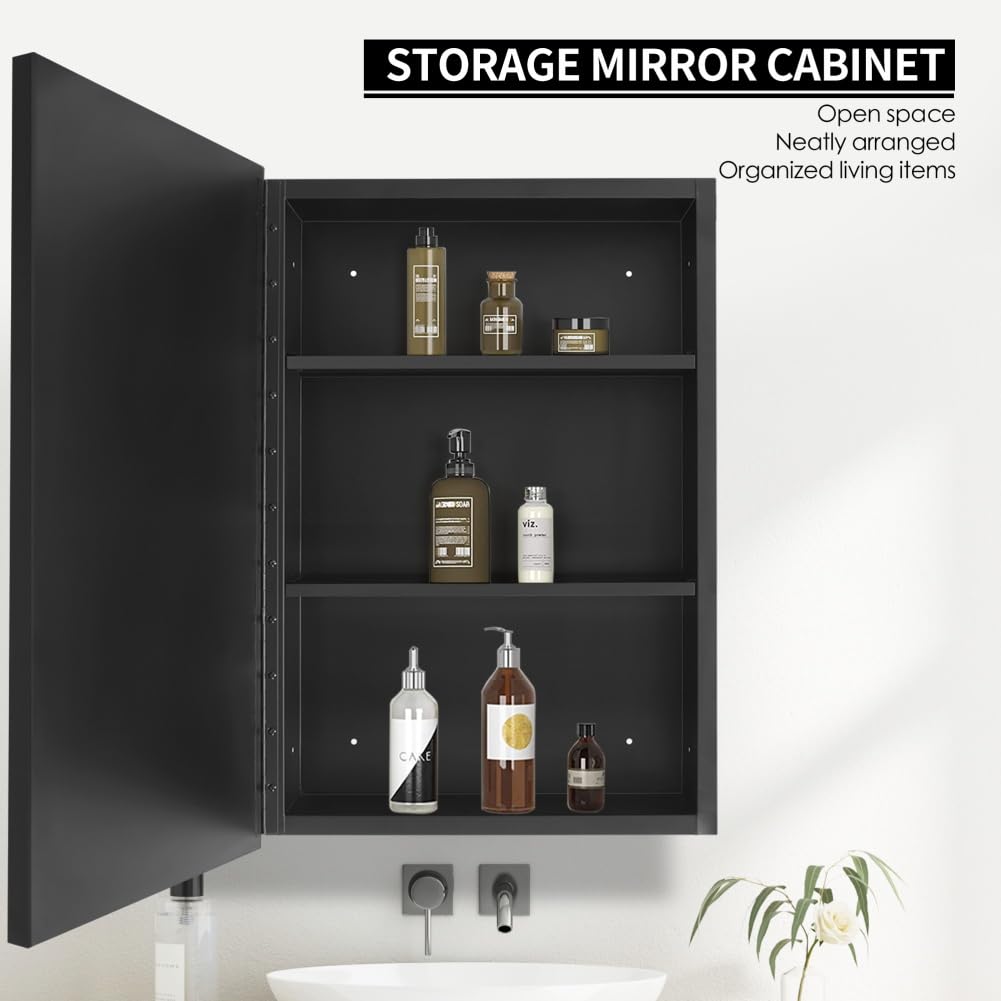 16x24 Inch Black Metal Framed Recessed Medicine Cabinet with Mirror - Wall Mounted Bathroom Storage for Toiletries & Essentials | Perfect for Small Bathrooms, Vanities & Modern Home Decor