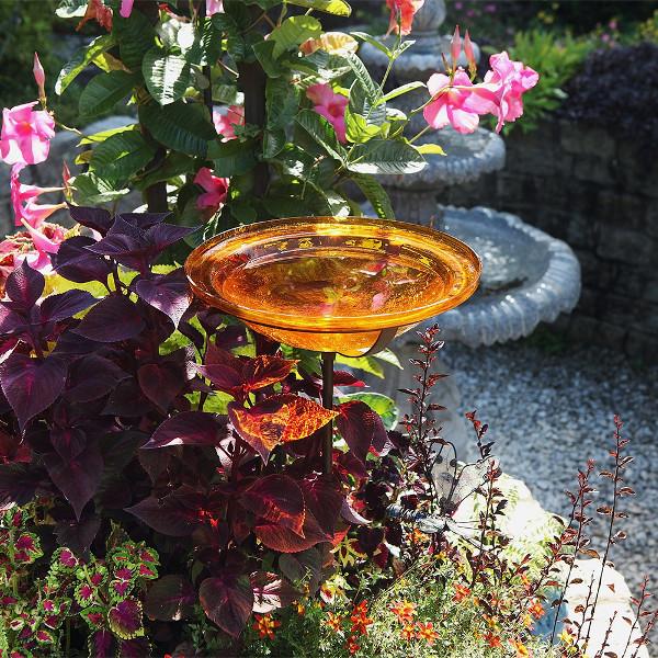 Handmade Mandarin Crackle Glass Birdbath Bowl - Outdoor Garden Decoration for Birds & Wildlife - Perfect for Patio, Yard & Backyard Bird Watching