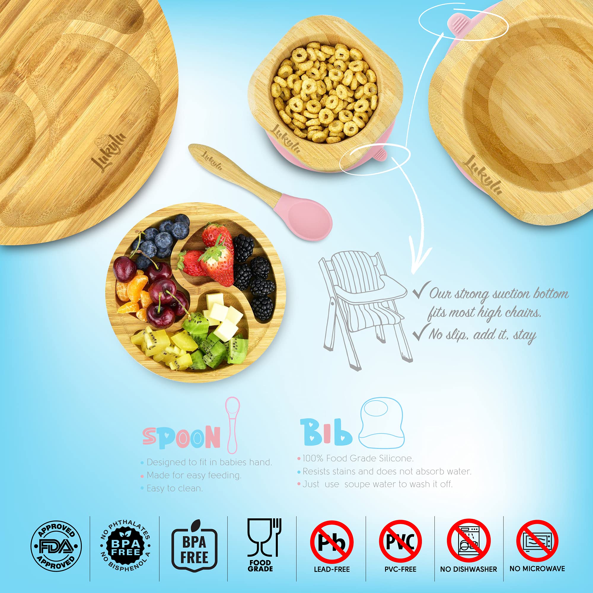 Lukylu 5-Piece Bamboo Baby Suction Plate Set - Non-Slip Toddler Bowls & Dishes for Kids - BPA-Free Training Plates for Babies - Perfect for High Chairs, Travel & Mess-Free Mealtime (Blue)