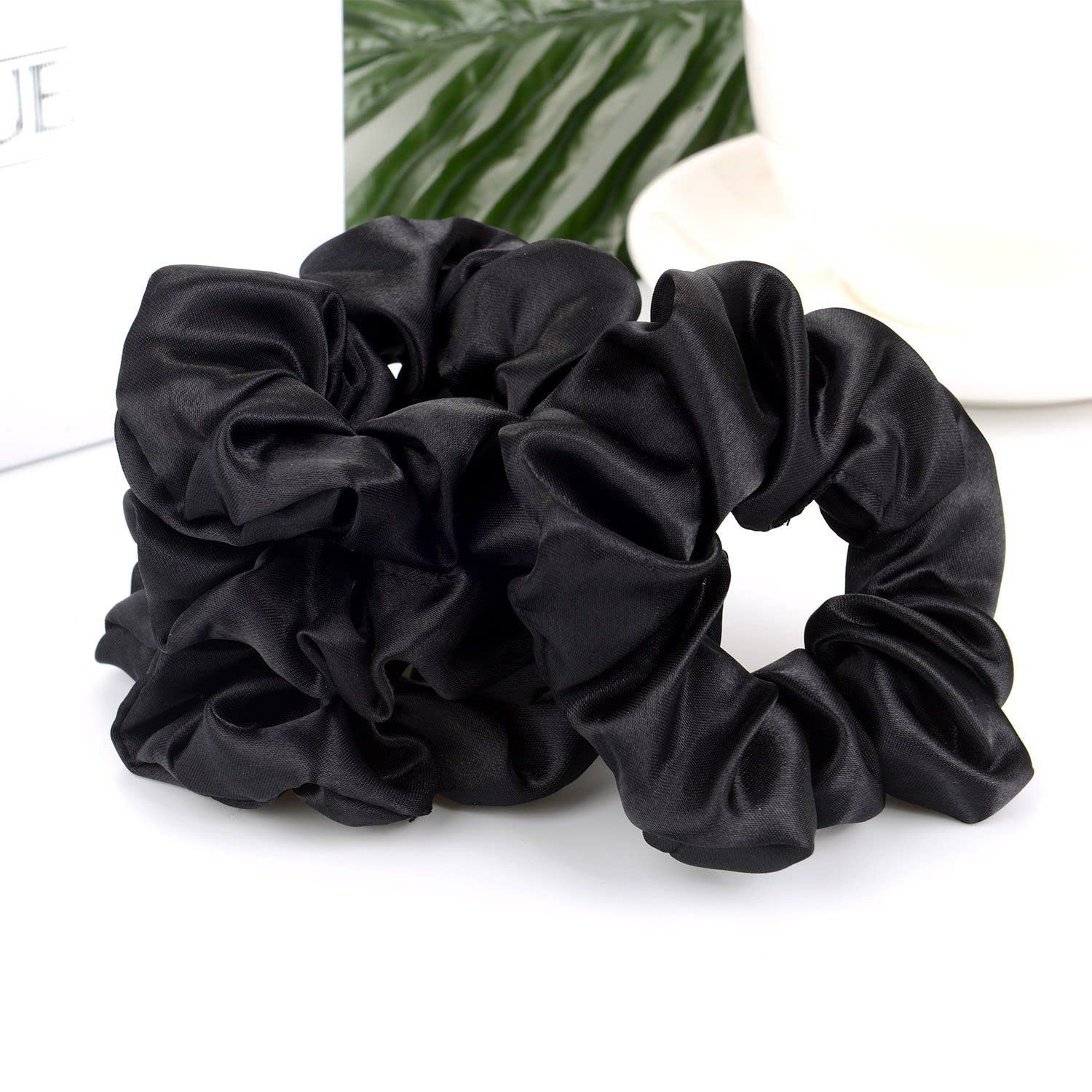 FAMEZA 10 Pack Satin Hair Scrunchies - Soft Elastic Hair Ties for Women, Men & Kids - Black Hair Accessories for Daily Use, Workouts & Special Occasions