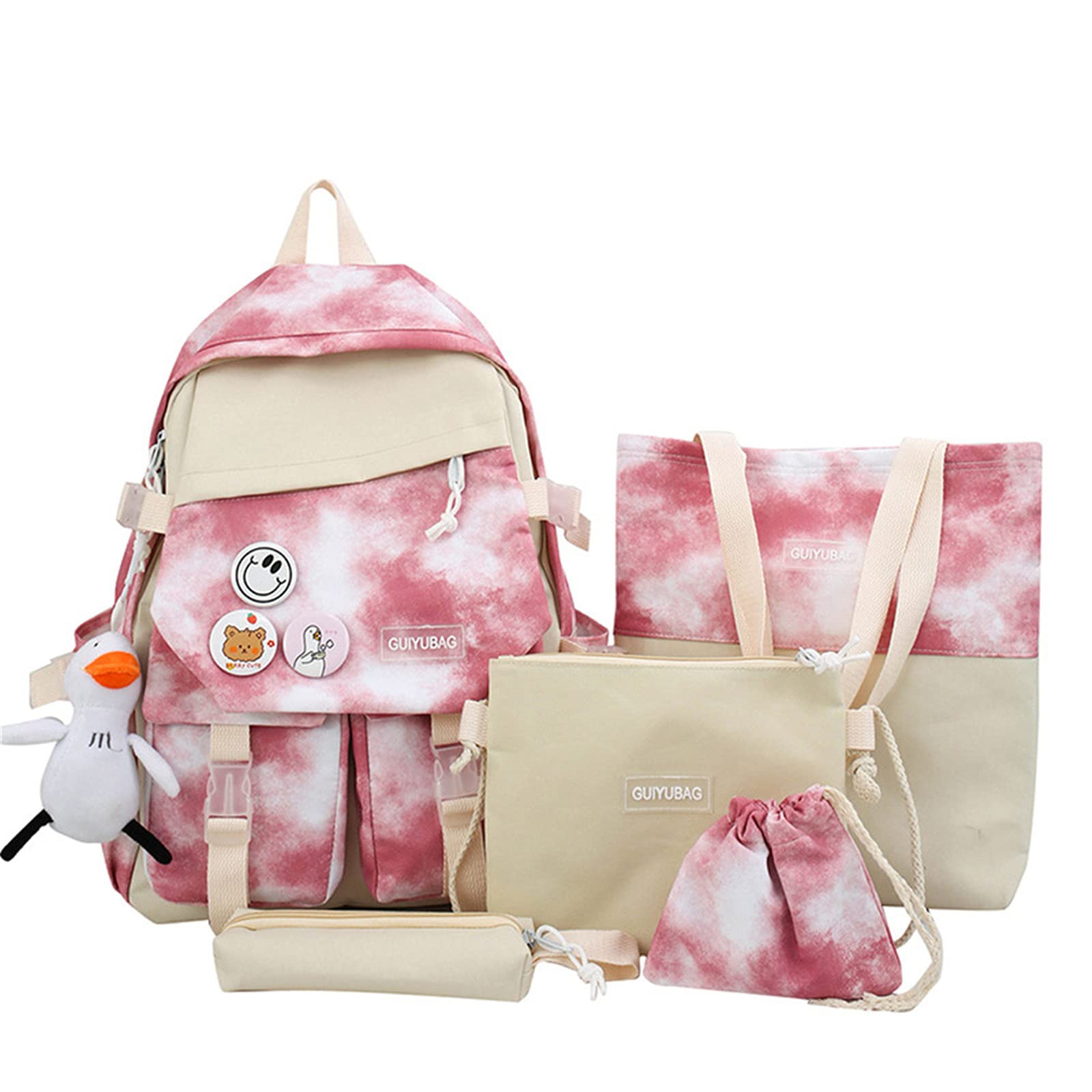 Meeaialie 5-Piece Kawaii School Backpack Set for Girls - Cute Bookbag with Tote Bag, Pencil Pouch, Shoulder Bag & Coin Purse - Perfect for Teens, School, College, Travel & Everyday Use (Pink)