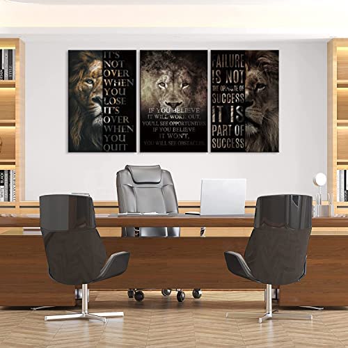 3-Piece Lion Motivational Canvas Wall Art Set - Inspirational Quotes for Success, Positive Animal Wall Decor for Home, Classroom, Entrepreneur Office - Easy to Hang (24