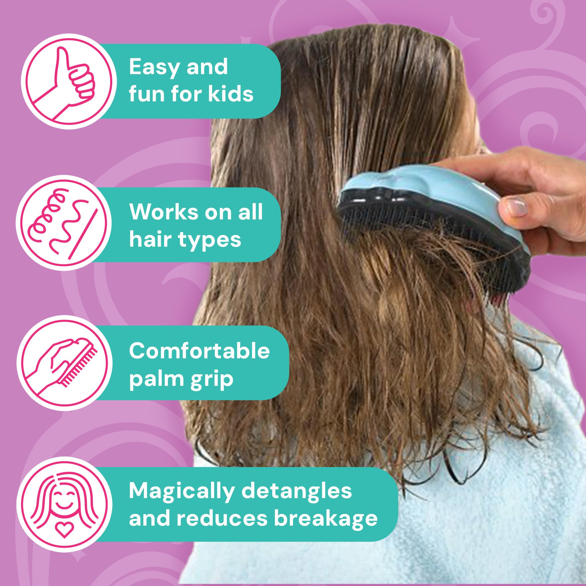 Knot Genie Detangling Hair Brush for Kids - Pain Free Knot Remover for Curly & Tangled Hair | Gentle Tangle Separator Leaves Hair Smooth & Shiny (Puff of Purple) | Perfect for Daily Hair Care, Travel & Sensitive Scalps