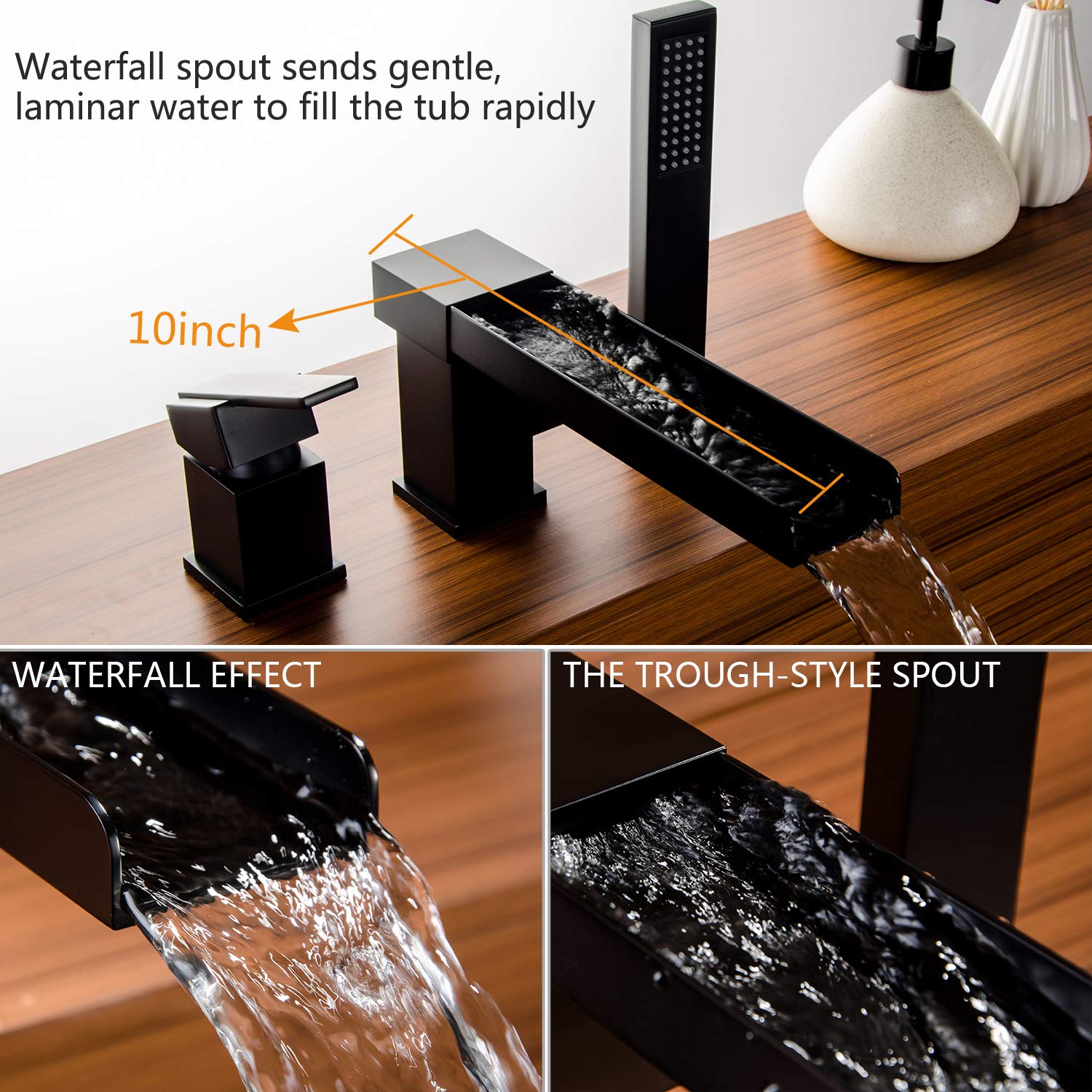 Black Roman Tub Faucet with Hand Shower - Deck Mount Bathtub Faucet Set with Waterfall Sprayer | Luxury Bathroom Upgrade for Spa-Like Experience