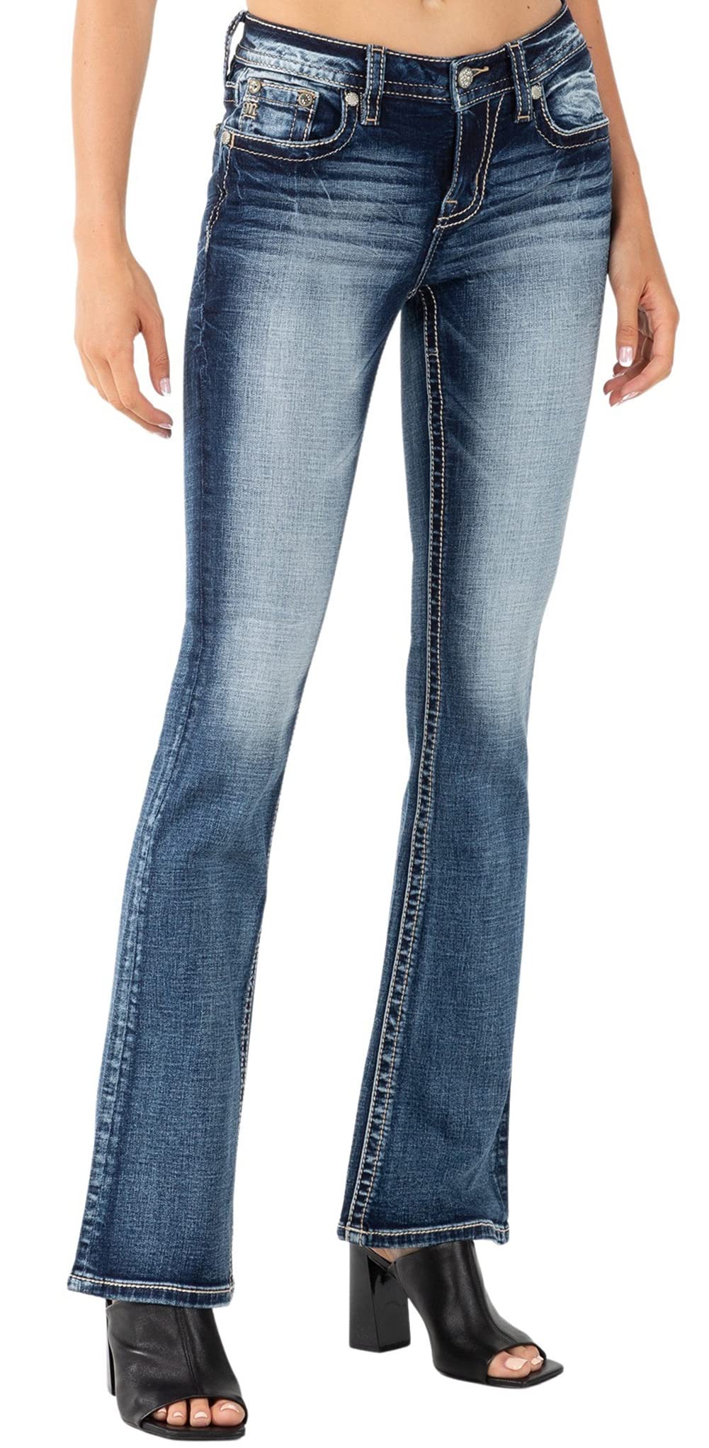 Miss Me Women's Mid Rise Feather & Broken Horseshoe Boot Cut Jeans - Stylish Denim Pants for Casual Wear, Night Out & Western Fashion