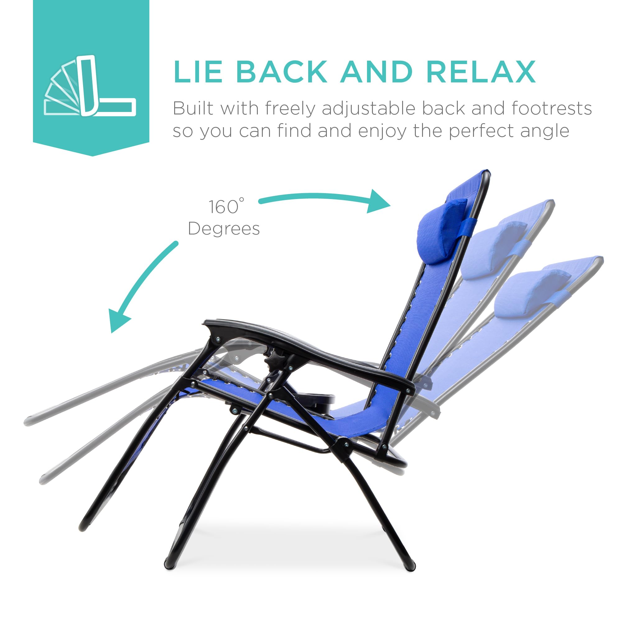 Best Choice Products Set of 2 Adjustable Steel Mesh Zero Gravity Lounge Chair Recliners with Pillows and Cup Holder Trays - Cobalt Blue | Patio, Poolside, Backyard Relaxation Outdoor Furniture