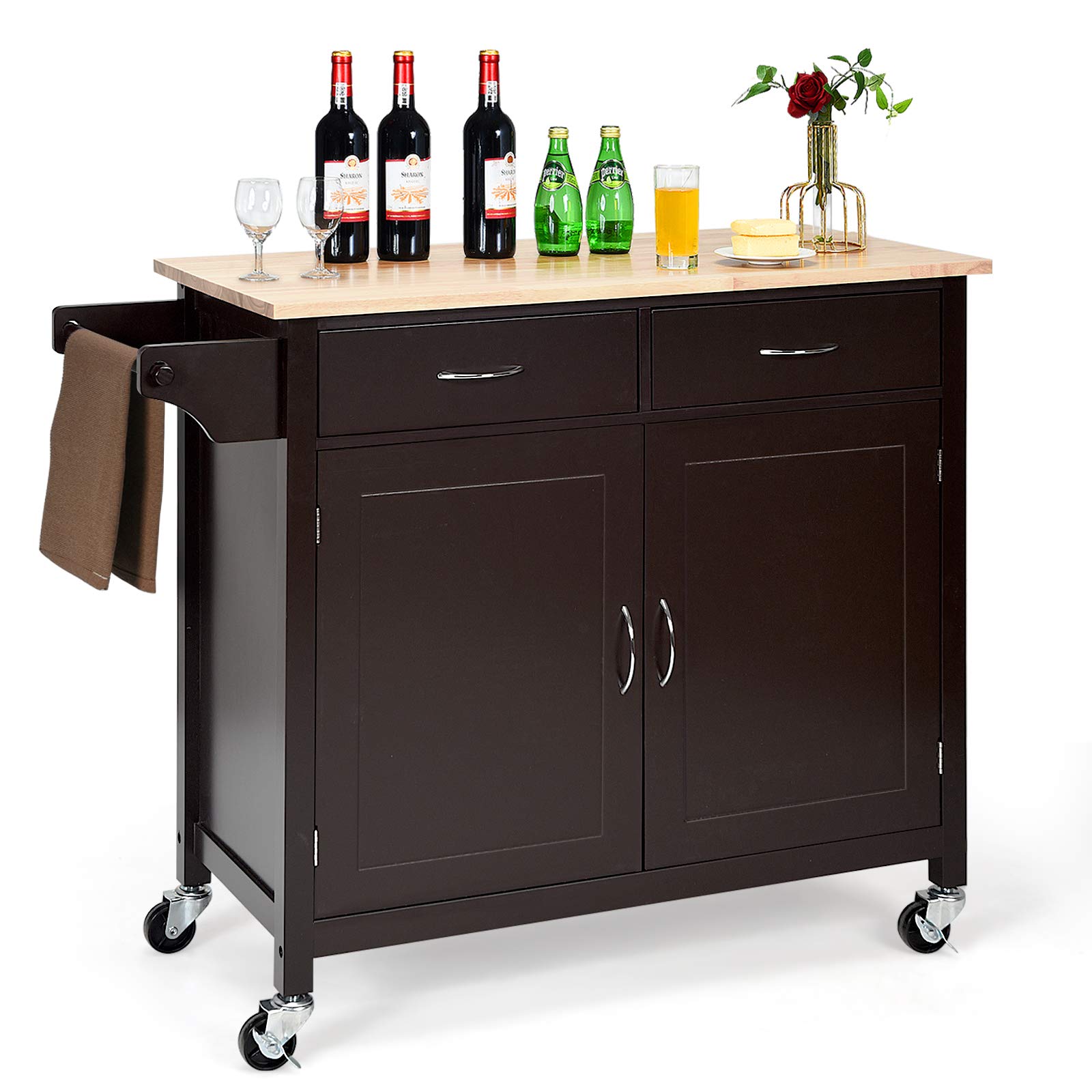 GOFLAME Portable Kitchen Island Cart with Storage & Drawers - Lockable Wheels Rolling Cabinet Trolley - Wood Top & Towel Rack Utility Cart for Home & Restaurant (Brown) | Perfect for Small Kitchens, Buffet Serving & Mobile Storage Solutions