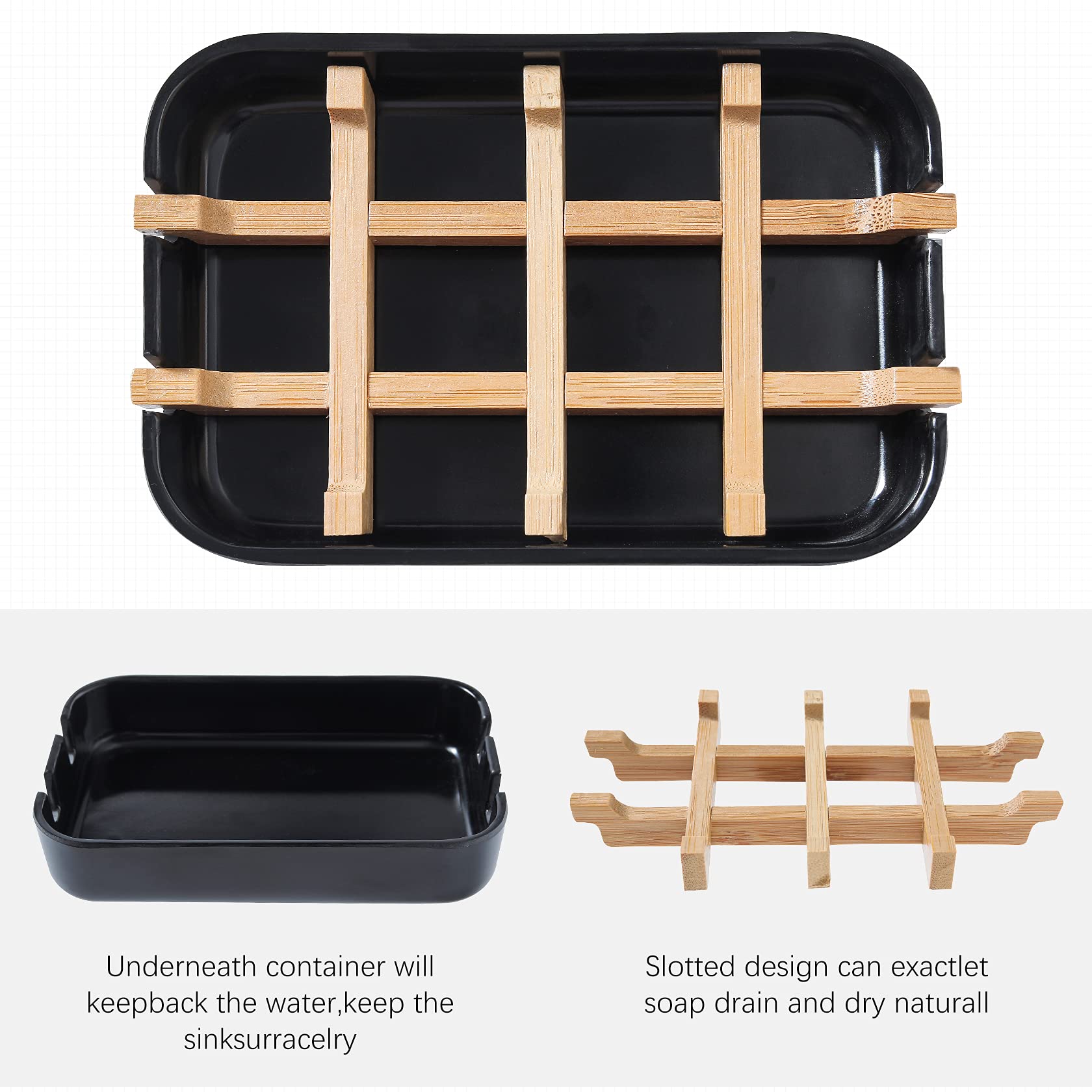 Black Bamboo Soap Dish Holder for Bar Soap - Bathroom & Shower Organizer with Drainage - Perfect for Sink, Countertop, and Shower Stall Use