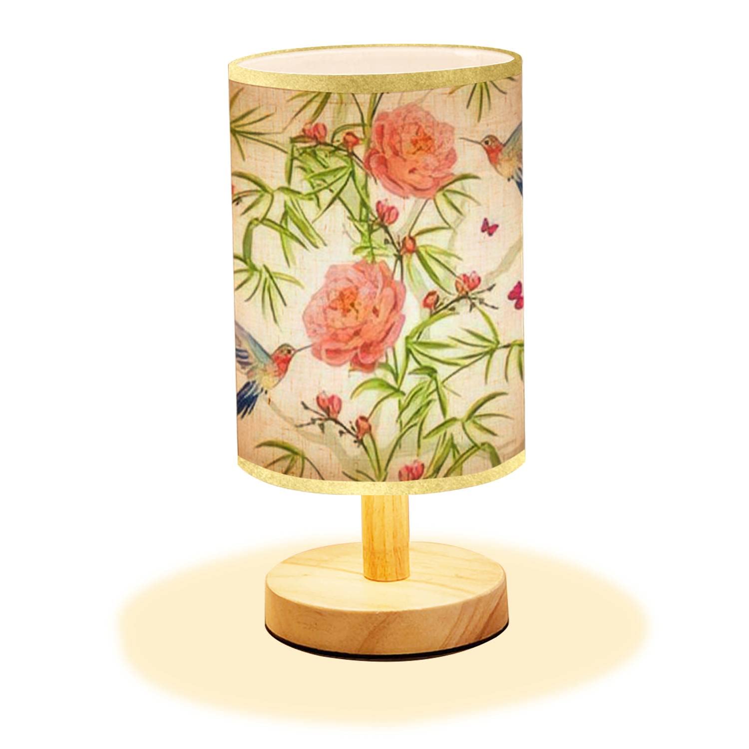 Minimalist Wooden Bedside Table Lamp with Bamboo Base & Flaxen Fabric Shade - Hand-Painted Tropical Floral Design for Bedroom, Living Room, Office | Nightstand Lighting for Reading & Relaxation