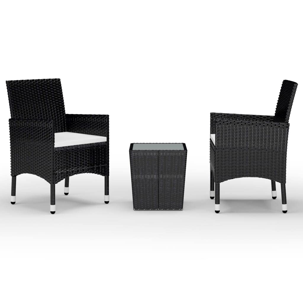 VidaXL 3-Piece Bistro Set Outdoor Patio Furniture - Black Poly Rattan Chairs & Tempered Glass Table - Perfect for Balcony, Terrace, Backyard Dining & Relaxation