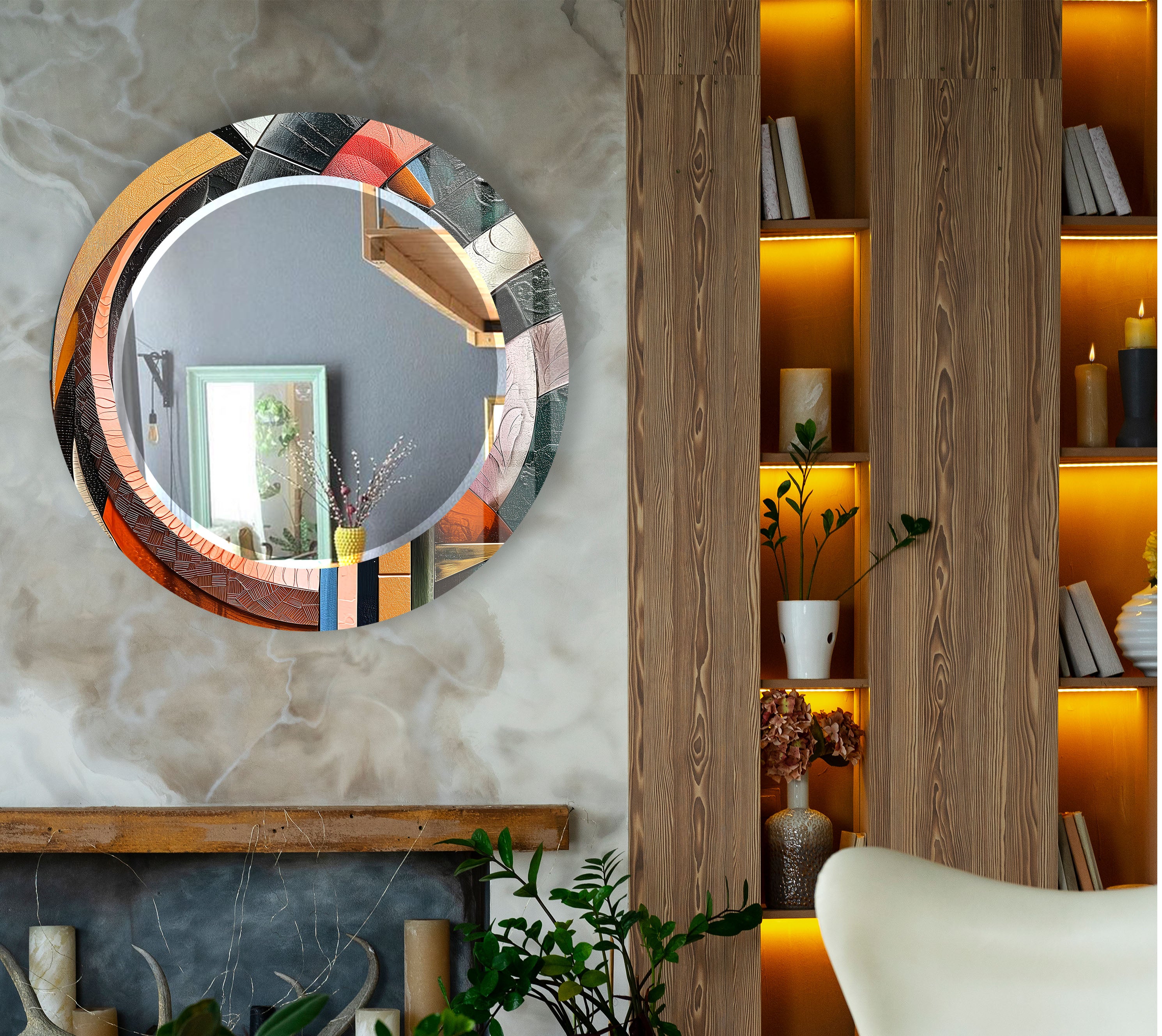 Vibrant Mosaic Round Wall Mirror with Artistic Glass Frame - Elegant Home Decor for Living Room, Bedroom & Bathroom | Perfect for Modern Interior Design & Stylish Home Accents