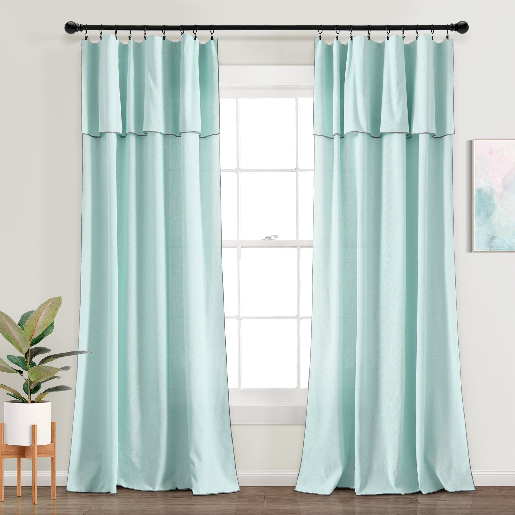 Modern Faux Linen Embroidered Edge Window Curtain Panel Set with Attached Valance - Elegant Home Decor for Living Room, Bedroom & Dining Room