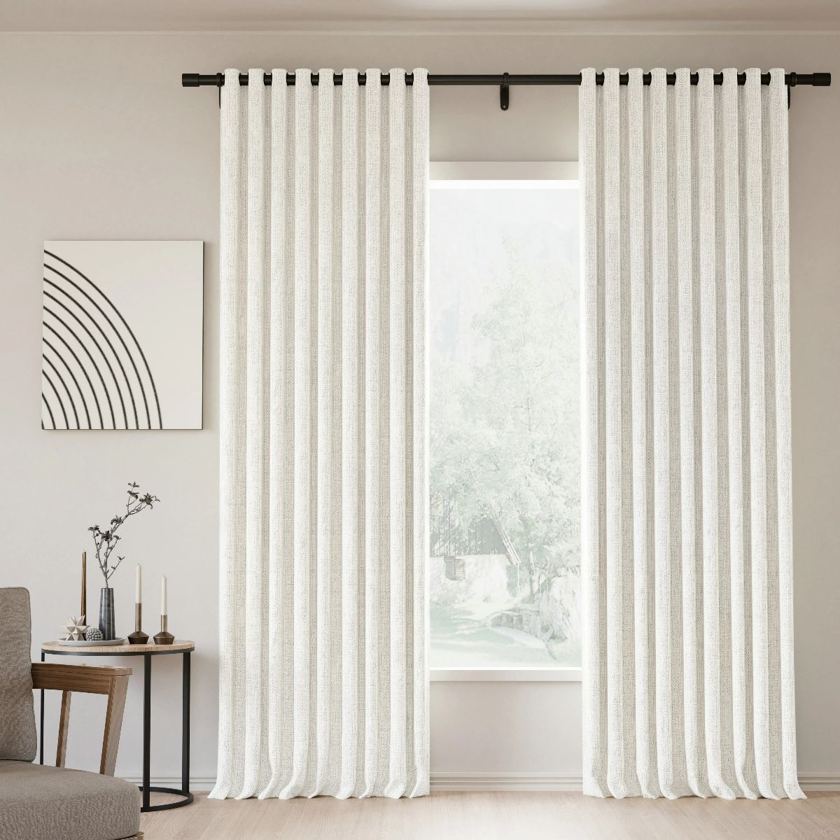 Blackout Curtains - Grommet Lille Linen Memory Trained Natural Modern Tapioca Custom Drapes for Bedroom & Living Room | Noise Reducing & Light Blocking Window Treatments
