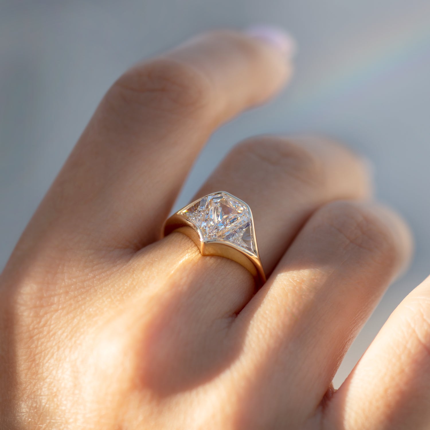 2ct Diamond Cut Shield Three Stone Signet Engagement Ring - Unique Handcrafted Jewelry for Proposals, Weddings & Special Occasions