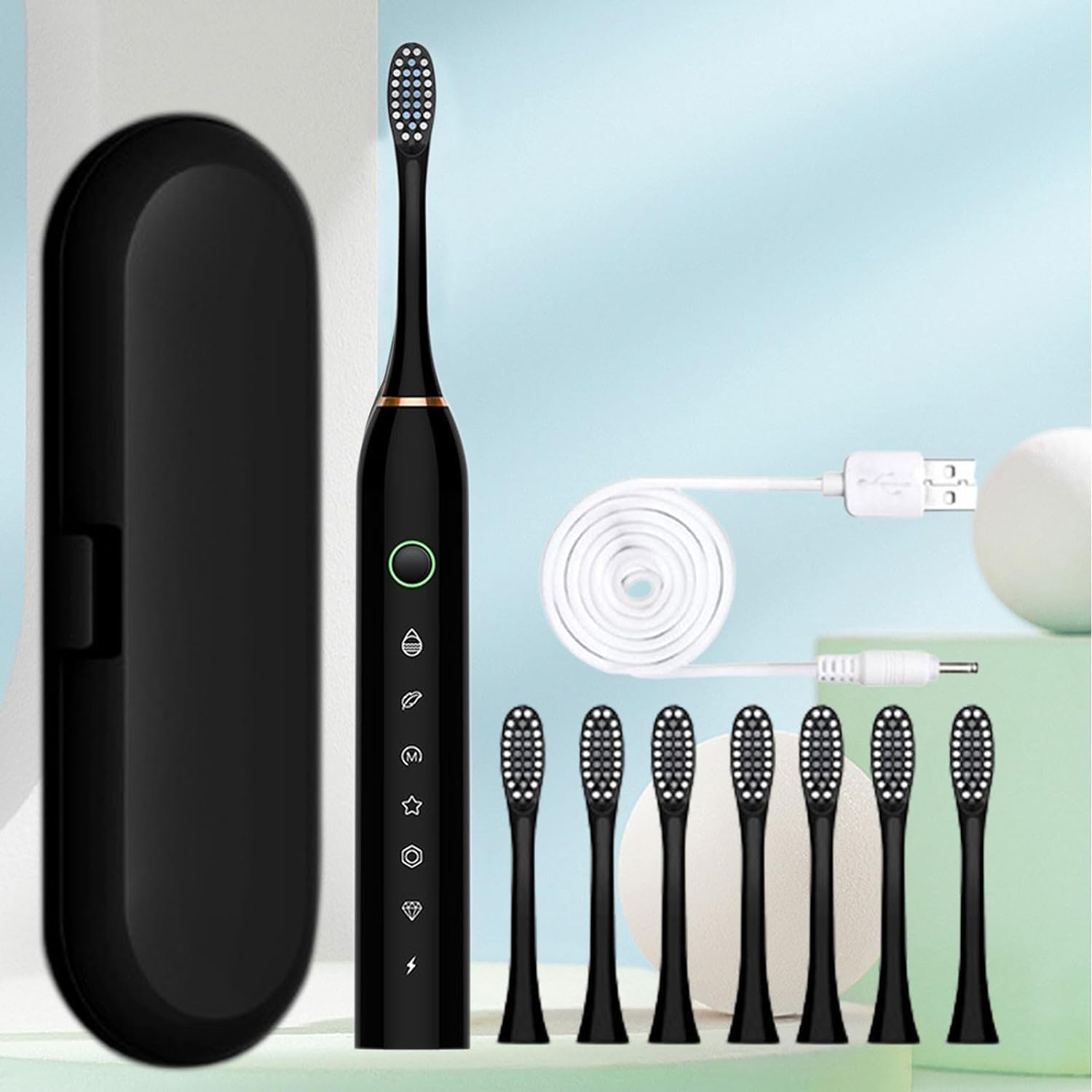 6 Cleaning Modes Electric Toothbrush with 8 Brush Heads - Rechargeable Waterproof IPX7 Travel Toothbrush for Adults - Perfect Gift for Home, Travel & Daily Oral Care (Black with Travel Case)