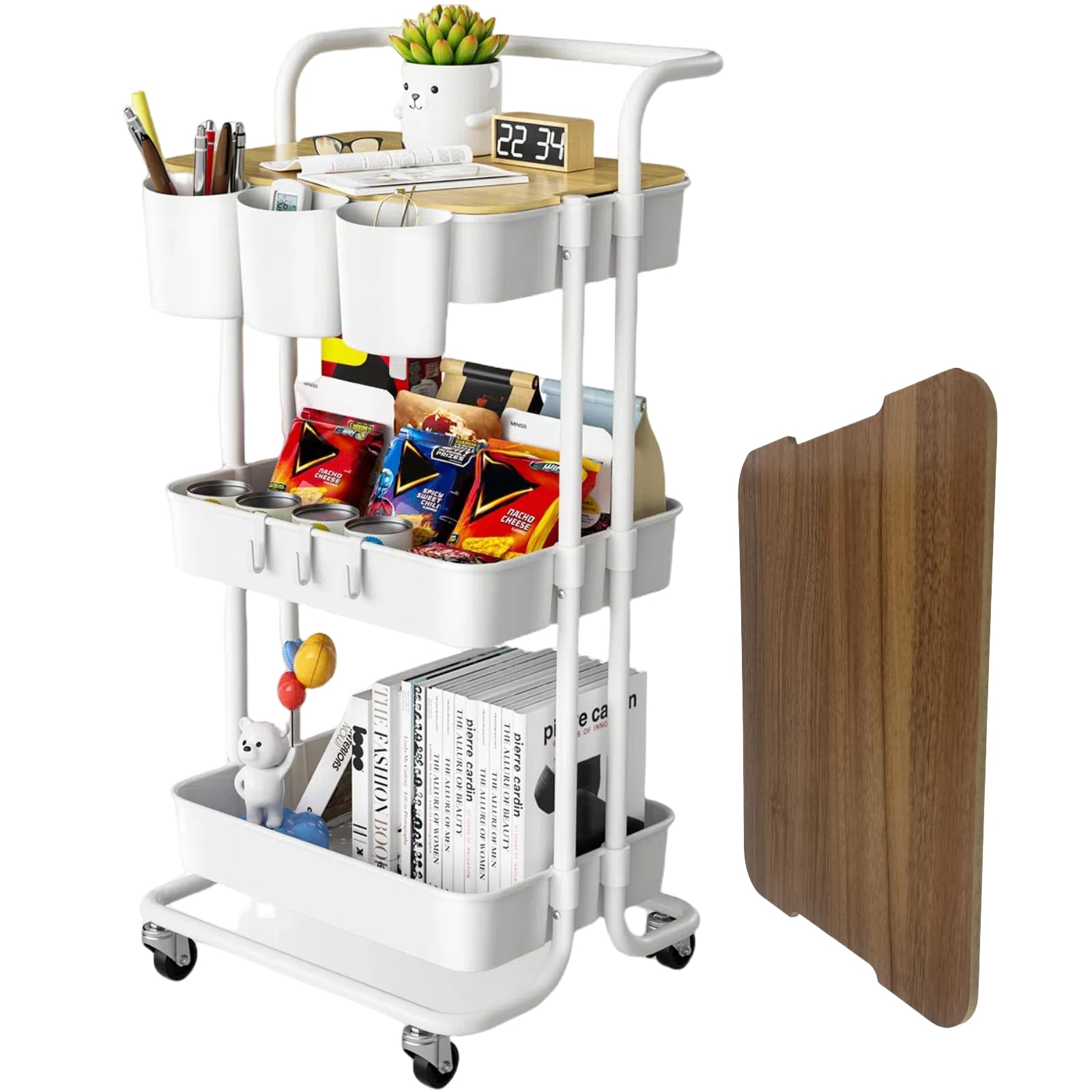 3-Tier Rolling Utility Cart with Lockable Wheels, Metal Handle & Storage Baskets - Perfect for Kitchen, Bathroom, Office & Classroom Organization - White