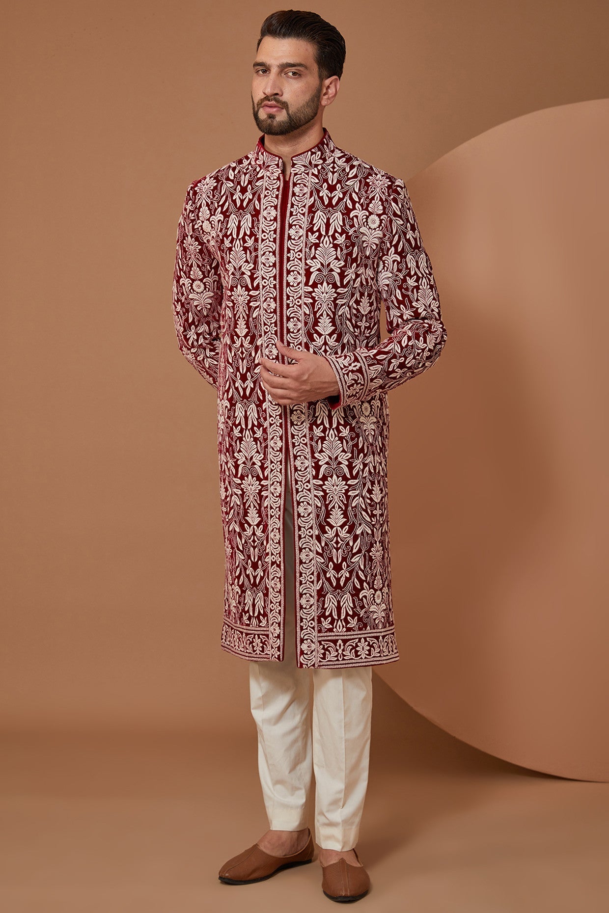 Elegant Maroon Embroidered Jamawar Sherwani for Men - Perfect for Weddings, Festivals & Special Occasions