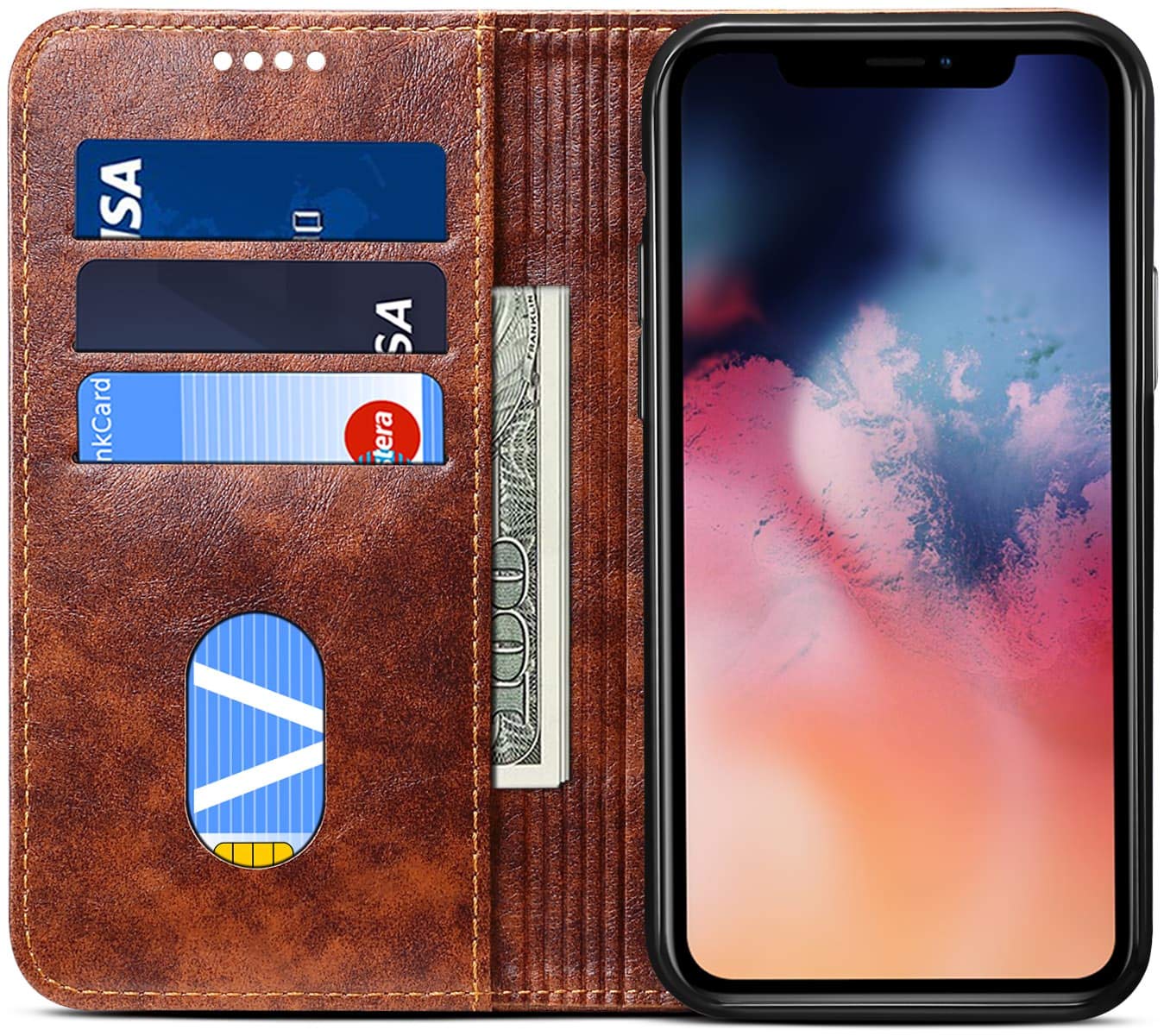SINIANL Leather Wallet Case for iPhone 11 Pro Max (6.5 inch 2019) - Magnetic Folio Cover with Stand, ID Holder & Credit Card Slots | Book Design | Khaki Color | Perfect for Business, Travel & Daily Use