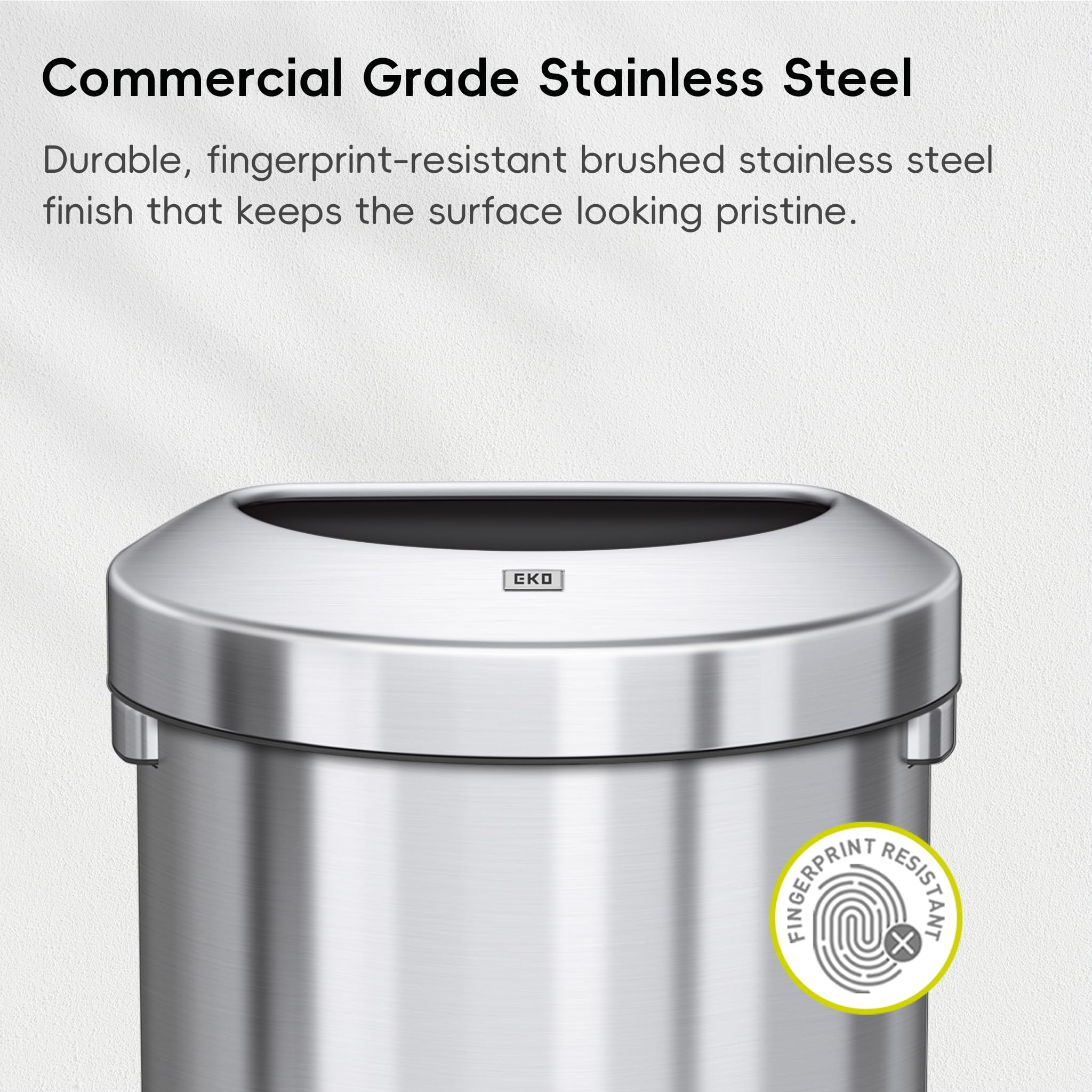 EKO Urban 16 Gallon Stainless Steel Semi-Round Commercial Trash Can - Large Metal Garbage Bin for Home, Office, Restaurant & Restroom - Indoor/Outdoor Use - Perfect for Kitchen, Bathroom, Lobby & Patio Waste Disposal (60L Capacity)