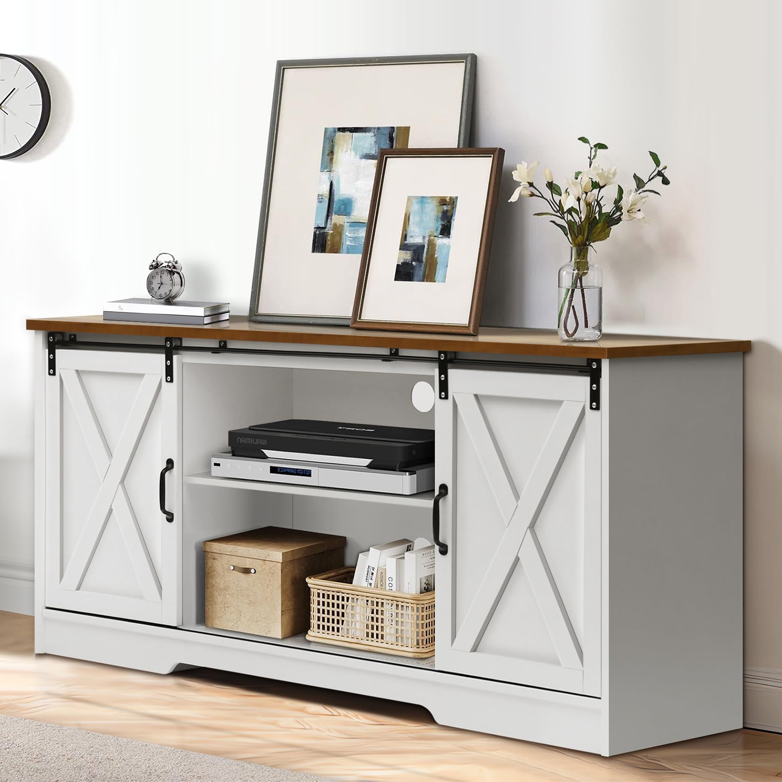 4 EVER WINNER White TV Stand for 65 Inch TV, Farmhouse Style Entertainment Center with Sliding Barn Doors - Holds TVs up to 65+ Inches, Adjustable Shelves for Living Room, Bedroom or Home Theater Setup