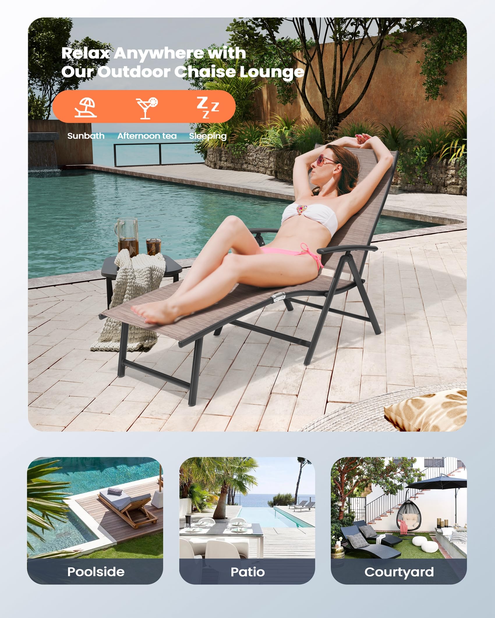 Pellebant Outdoor Chaise Lounge Set of 2 - Adjustable Aluminum Pool Lounge Chairs with Footrest | Foldable Patio Furniture for Beach, Poolside, Deck & Backyard Relaxation (2-Piece Set, Espresso Brown) - Perfect for Sunbathing, Vacation Resorts & Outdoor Lounging