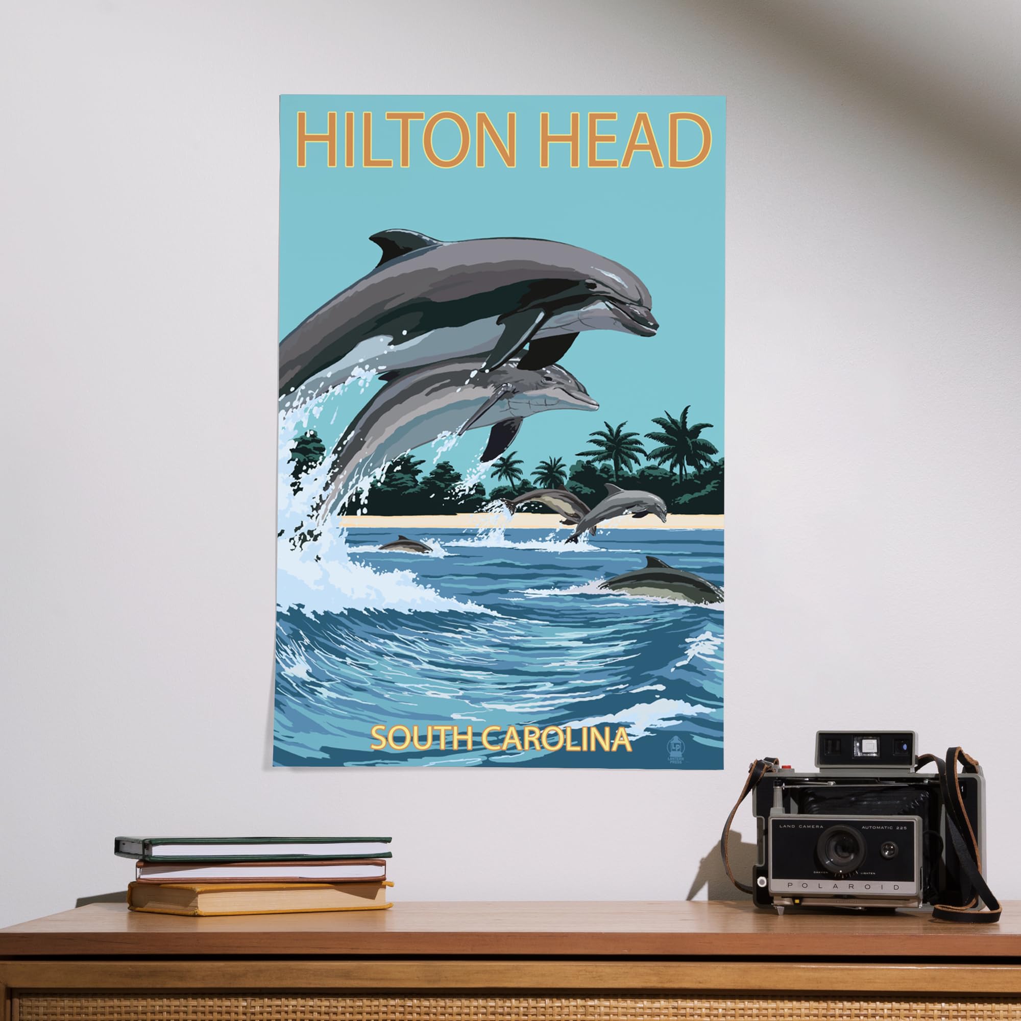 Lantern Press 16x24 Inch Giclee Art Print - Hilton Head South Carolina Dolphins Jumping Ocean Wildlife Wall Decor - Perfect for Beach House Living Room or Coastal Bedroom Decor