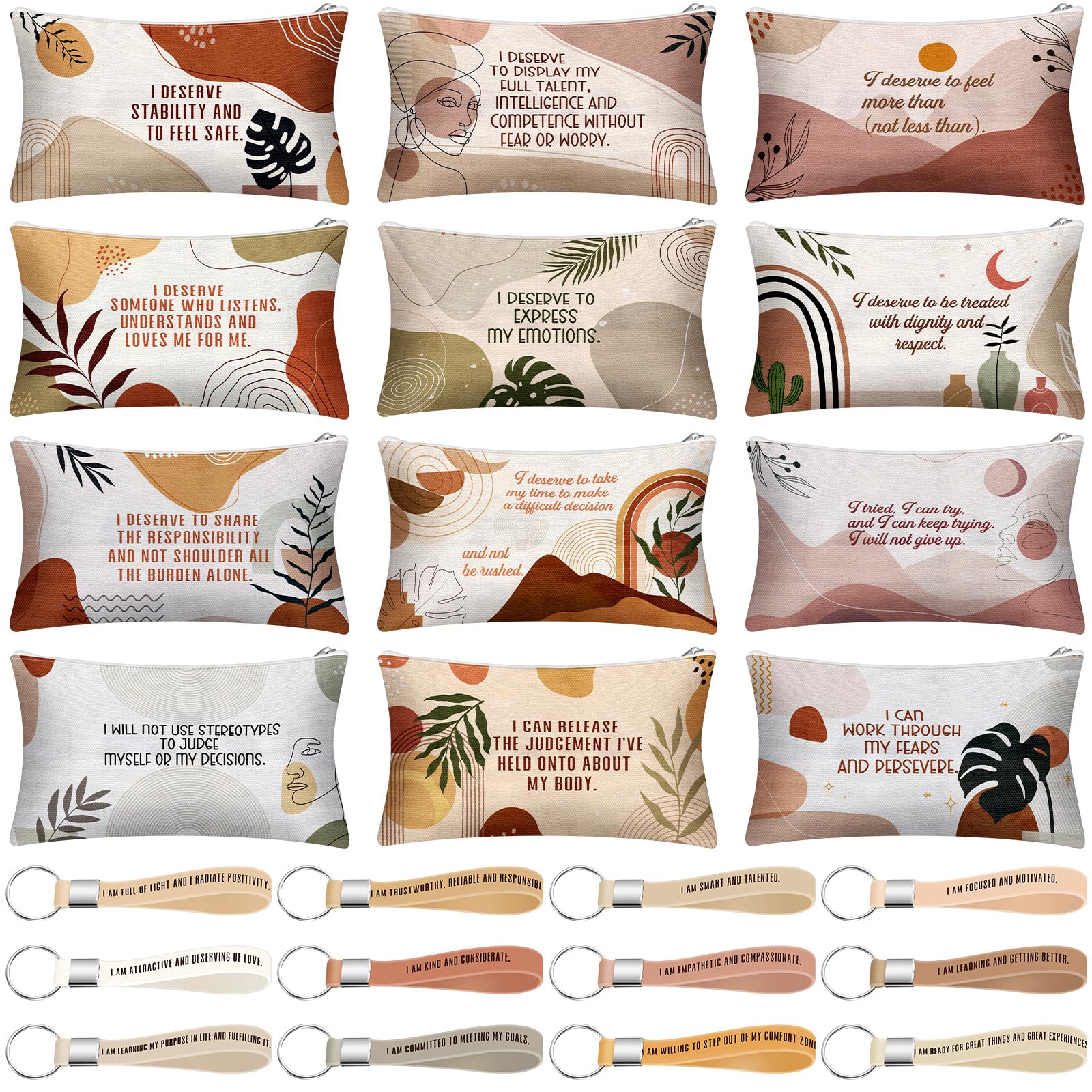 12 Pack Inspirational Quote Makeup Bags with Keychains - Canvas Cosmetic Pouch Set, Positive Affirmation Christian Gifts for Women, Friends & Employees | Perfect for Travel, Storage & Thoughtful Gifting