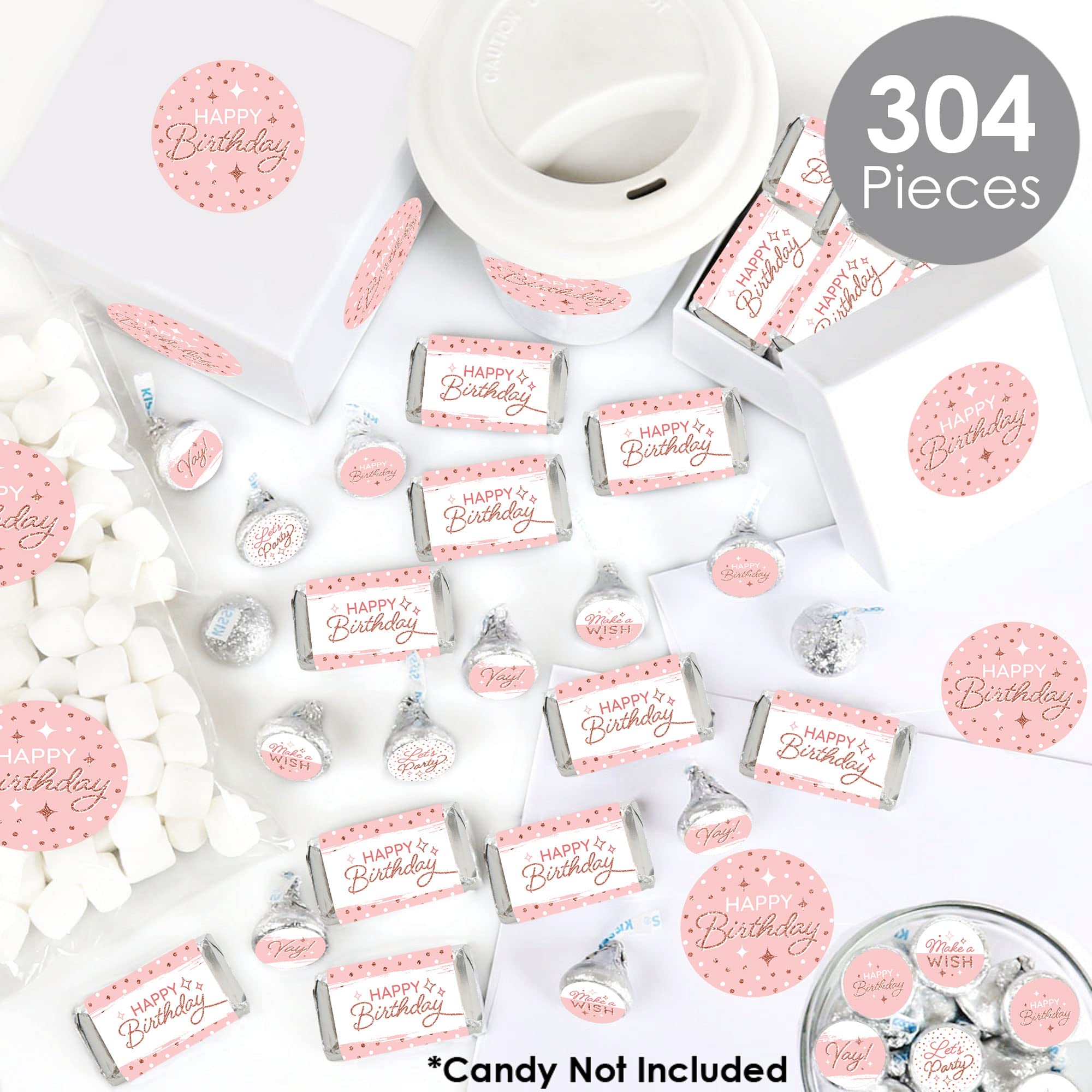 Pink Rose Gold Birthday Candy Wrappers & Stickers - 304 Piece Party Favor Kit for Happy Birthday Celebrations - Perfect for Candy Buffets, Cupcake Toppers, and Gift Packaging
