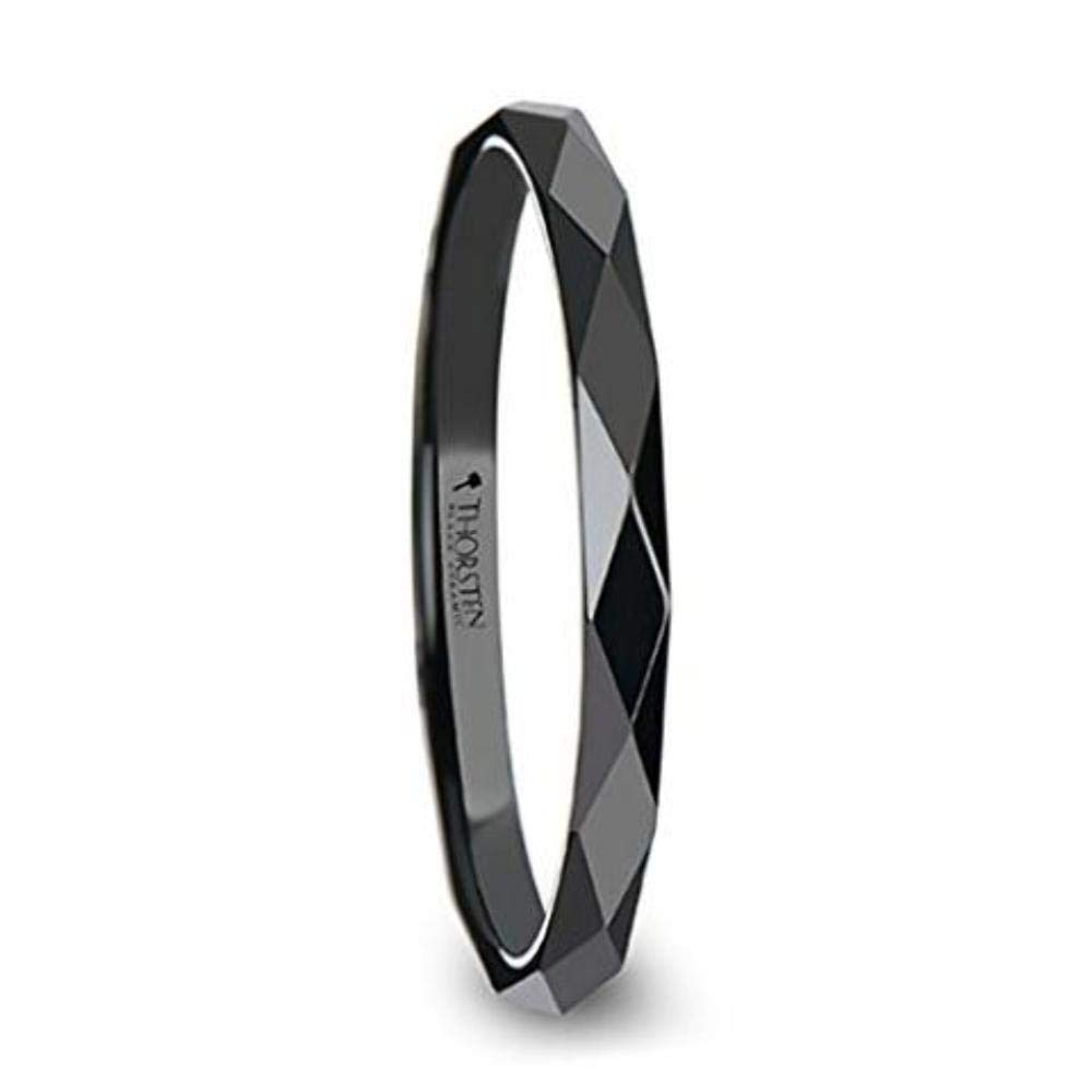 DAVINA 2mm Black Ceramic Wedding Band for Women - Polished Diamond Faceted Ring, Personalized Inside Engraving | Perfect for Anniversaries, Engagements & Everyday Elegance