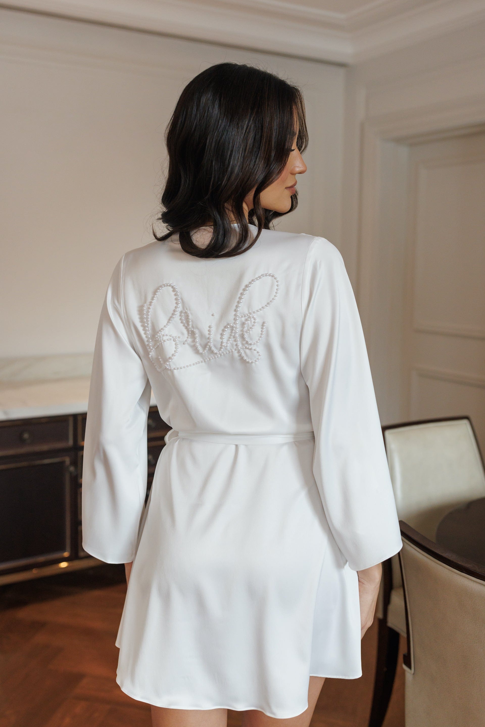 Aimee Pearl Beaded Bridal Robe - Elegant Wedding Lingerie for Bride, Bridesmaids & Bachelorette Party - Perfect for Getting Ready Photos, Honeymoon & Special Occasions