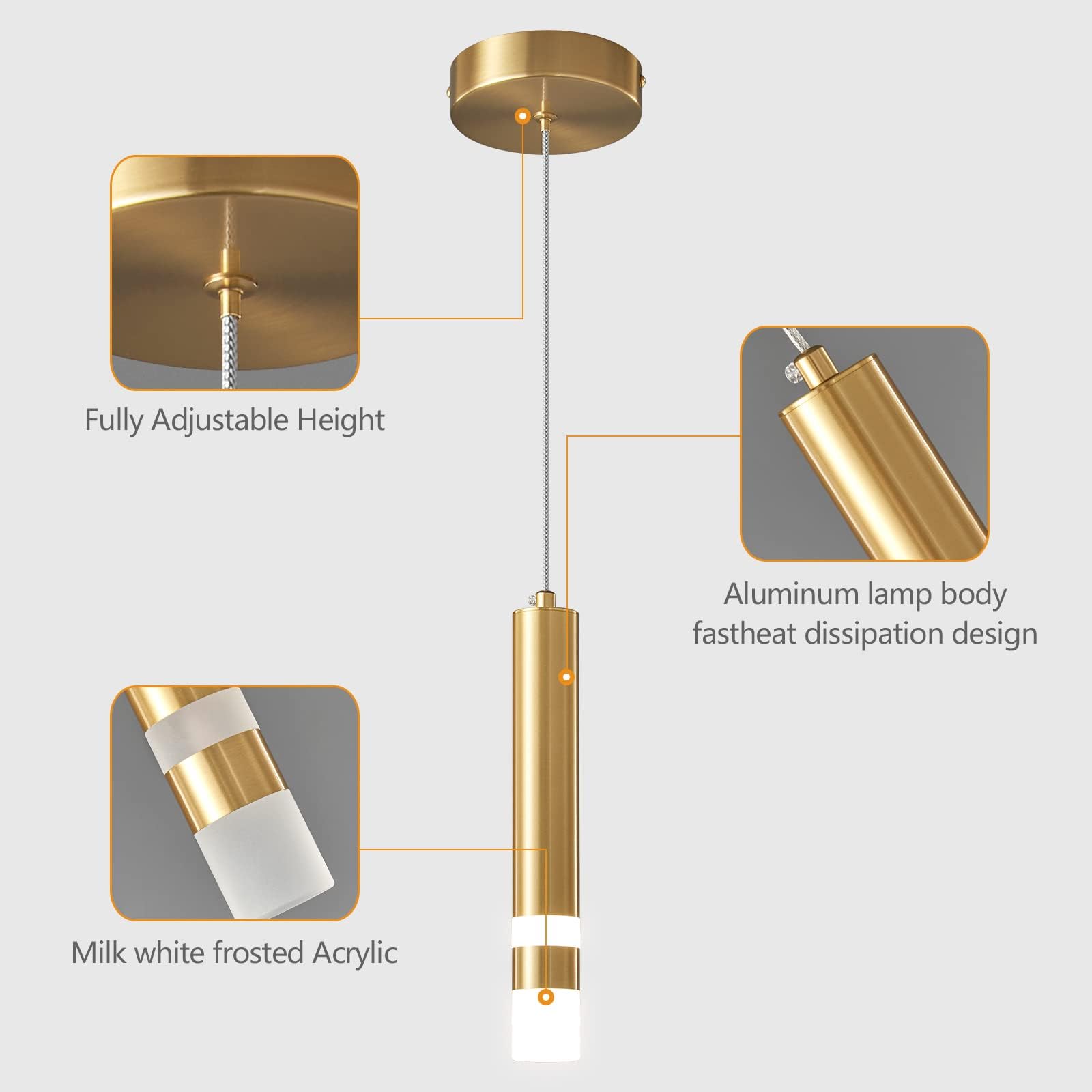 Modern Dimmable LED Mini Pendant Light - Gold Kitchen Island Lighting Fixture (2-Pack) for Bedroom, Bedside Table & Dining Room - Energy Efficient Hanging Lights for Home Decor