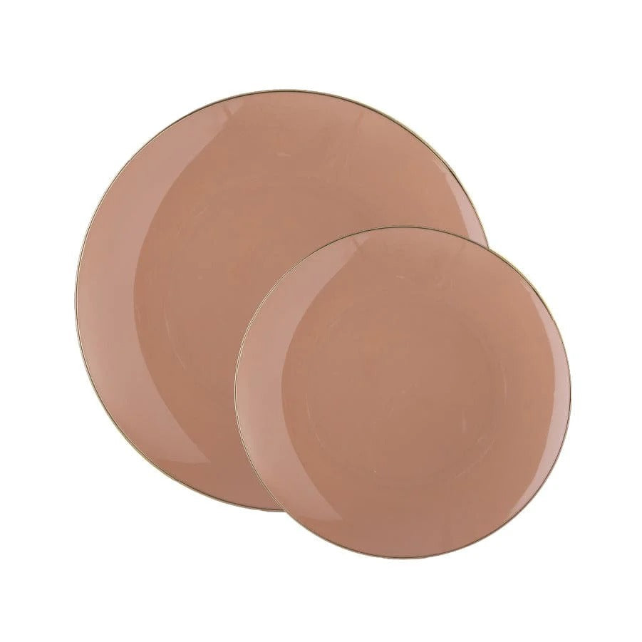Eco-Friendly Clay Beige & Gold Rim Round Plastic Plates - 12-Pack Disposable Dinnerware for Parties, Picnics & Outdoor Events