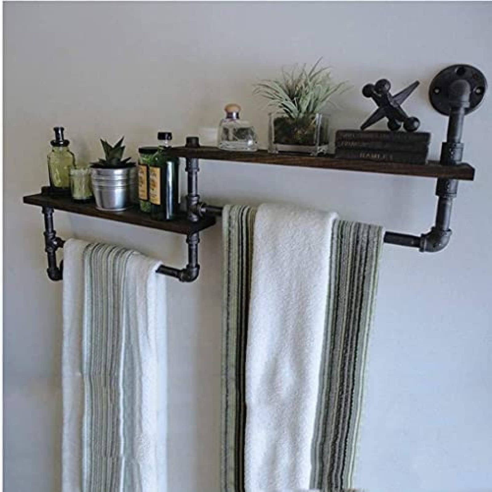 JWCN Stainless Steel Wall Mounted Towel Rack - Multi-Function Bathroom Storage Shelf with Vintage Wrought Iron Pipe & Solid Wood Design | Perfect for Small Bathrooms, Laundry Rooms & Spa Decor